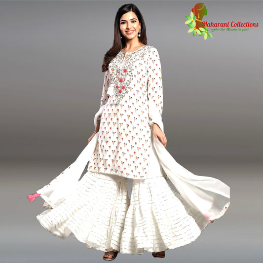 Maharani's Sharara Suit - White (XL) - Pure Muslin Silk