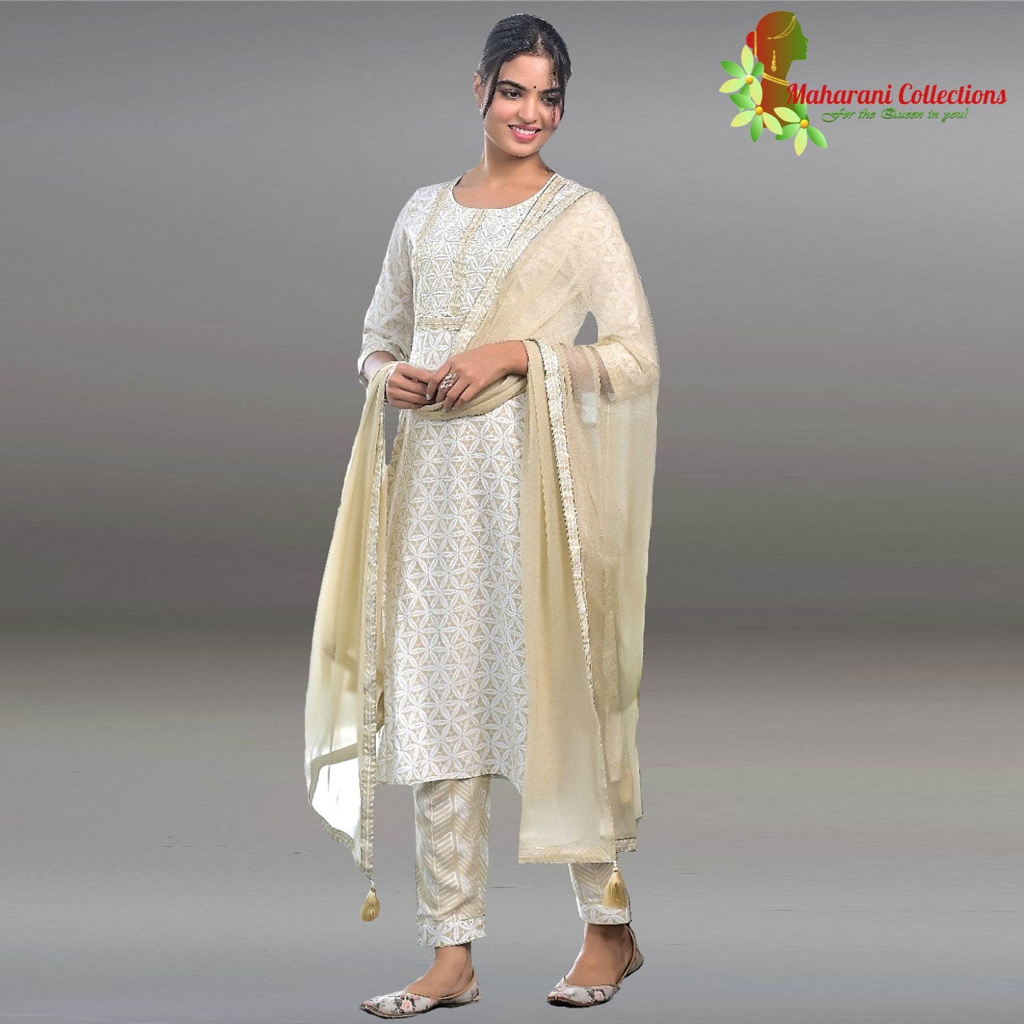 Maharani's Suit with Pants and Dupatta - Golden (XL) - Pure Muslin Silk