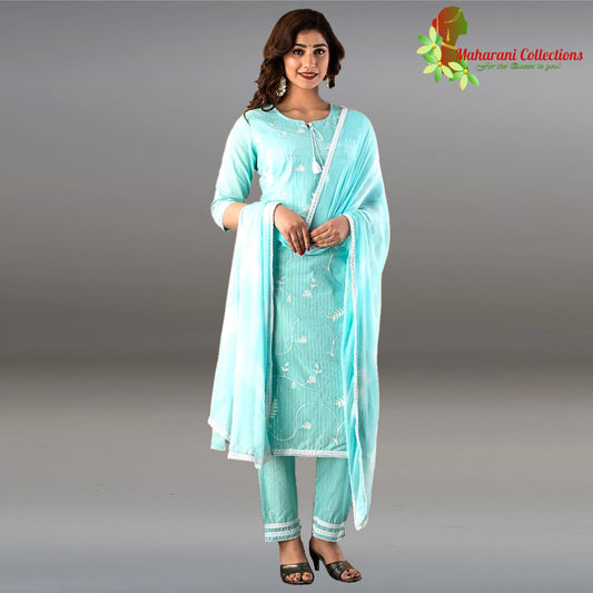 Maharani's Suit with Pants and Dupatta - Sea Green (M) - Pure Muslin Silk