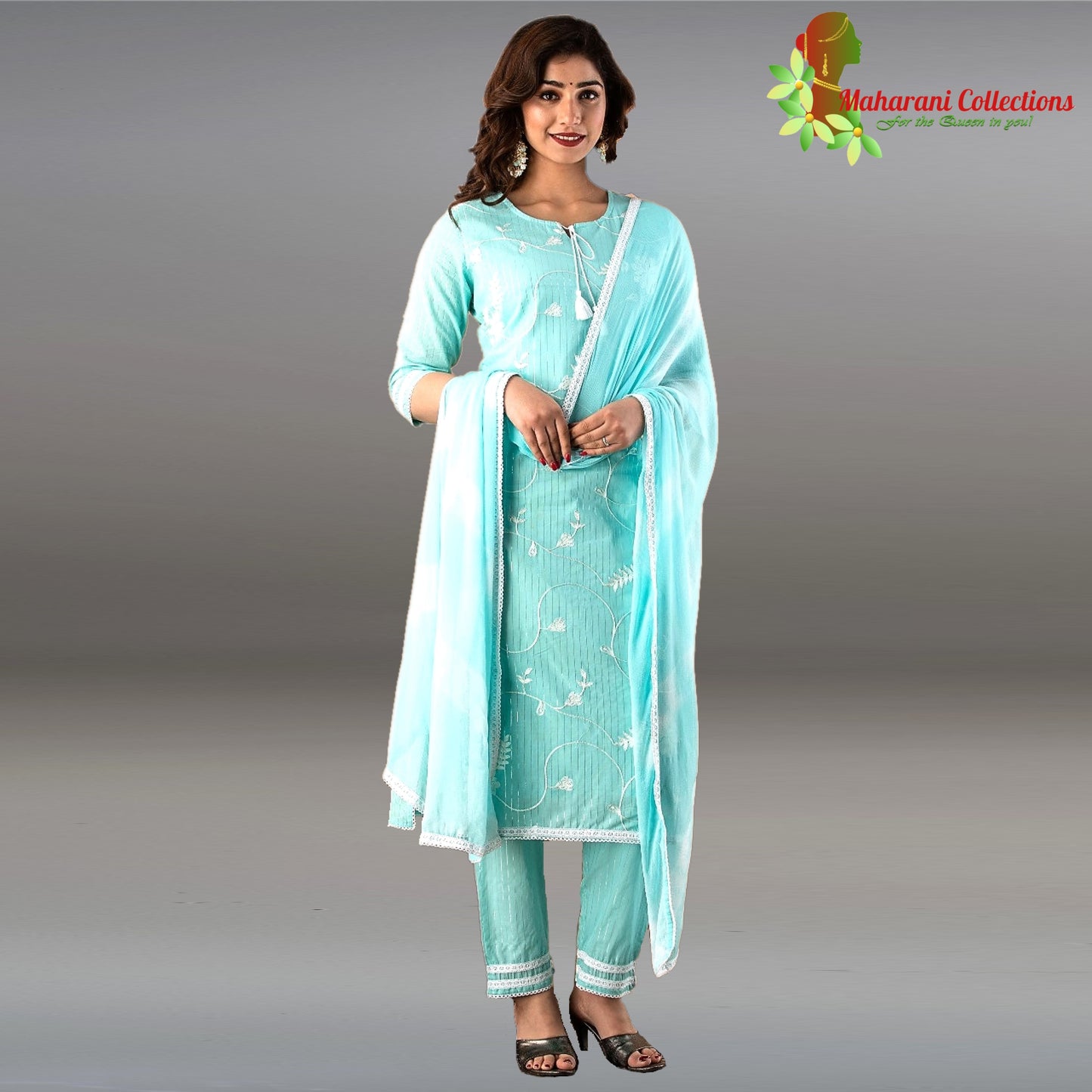 Maharani's Suit with Pants and Dupatta - Sea Green (L) - Pure Muslin Silk