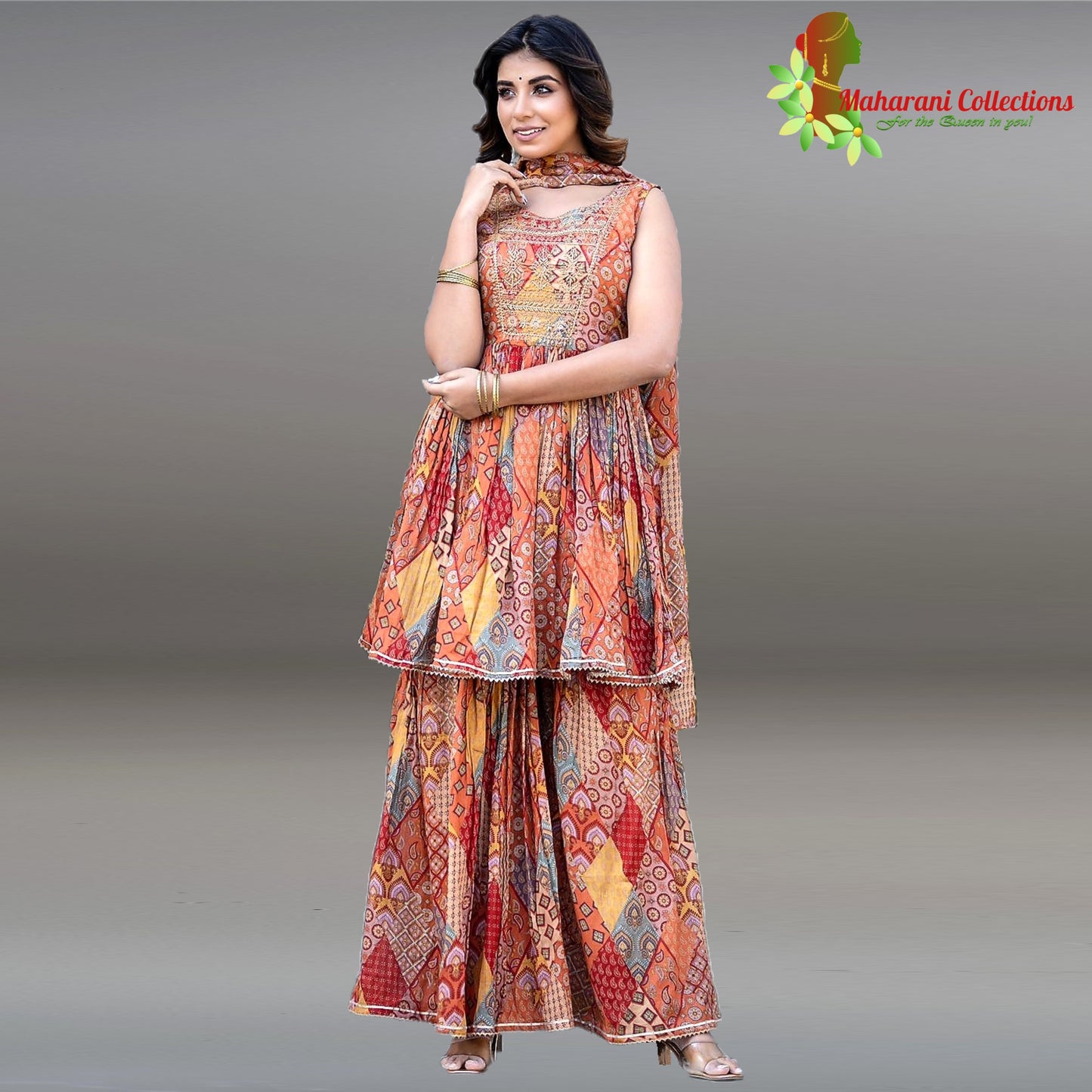 Maharani's Sharara Suit - Multicolor (L) - Cotton/Rayon