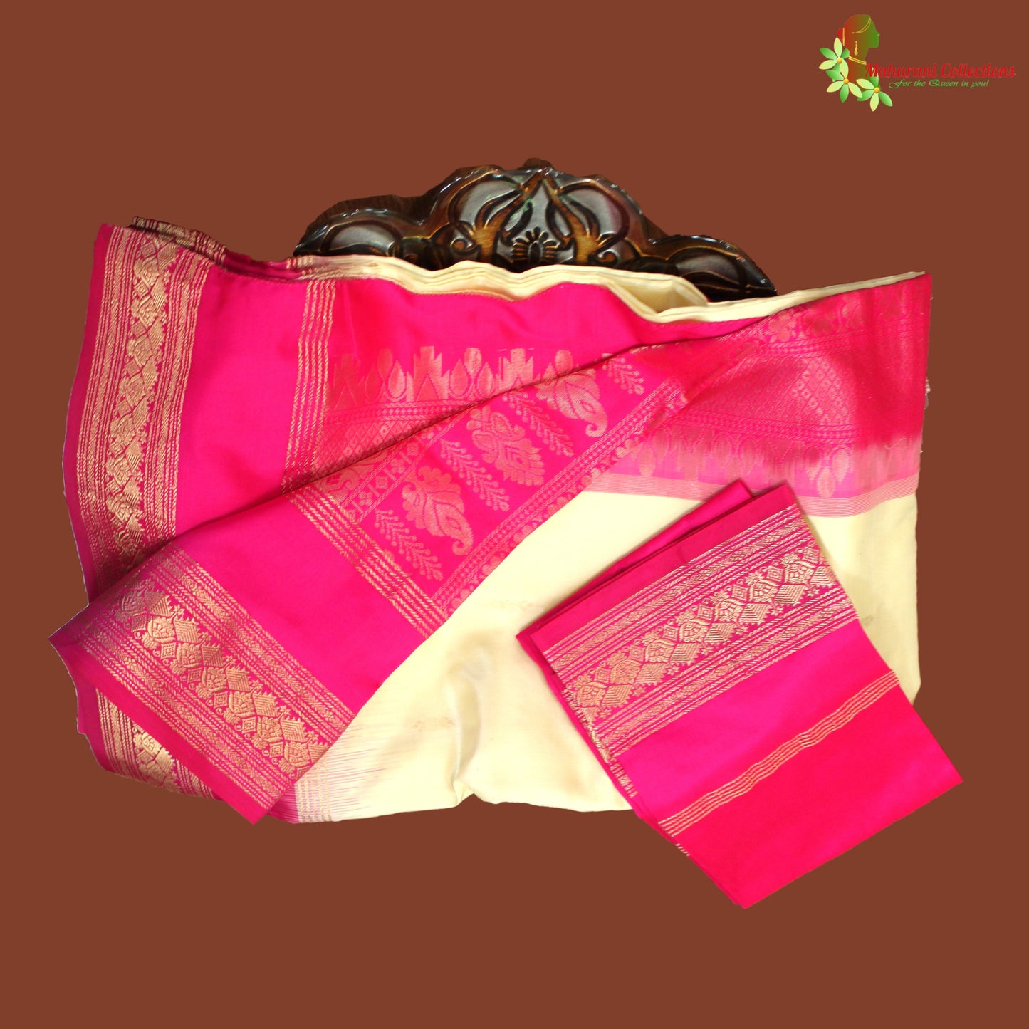 Maharani's Pure Banarasi Silk Saree - Cream (with stitched Petticoat)