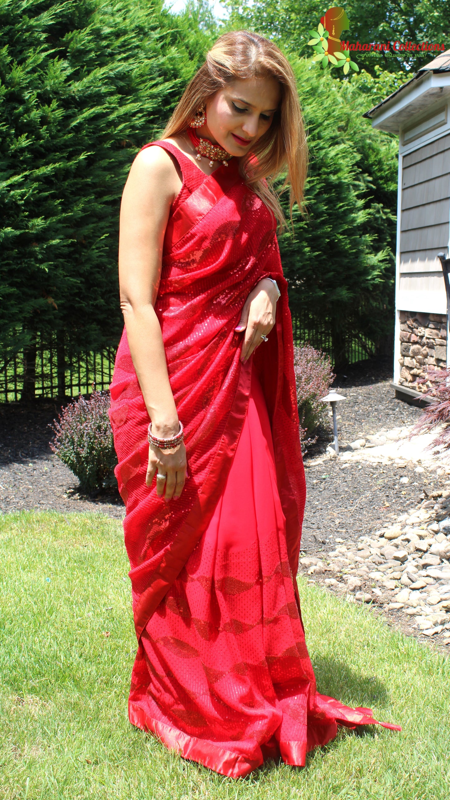 Maharani's Party Wear Georgette Sequins Saree - Bridal Red (with Stitched Blouse and Petticoat)