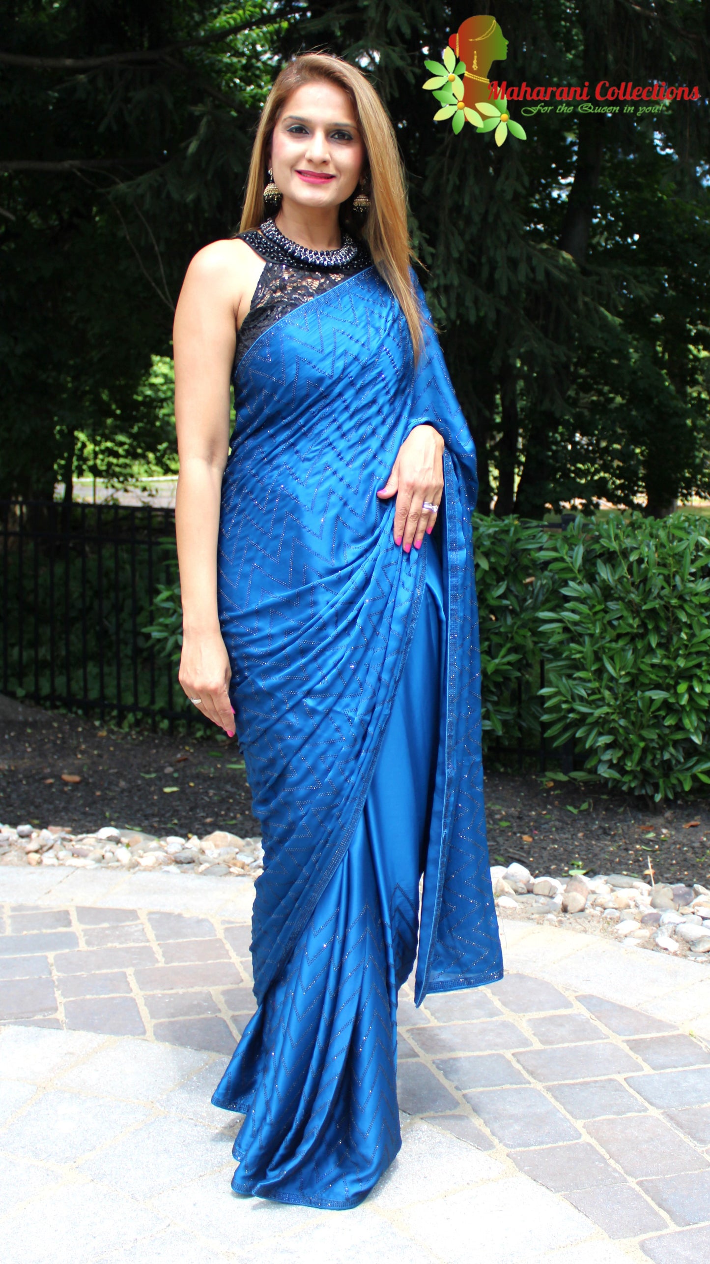 Maharani's Party Wear Satin Silk Sequins Saree - Blue (with Stitched Blouse and Petticoat)