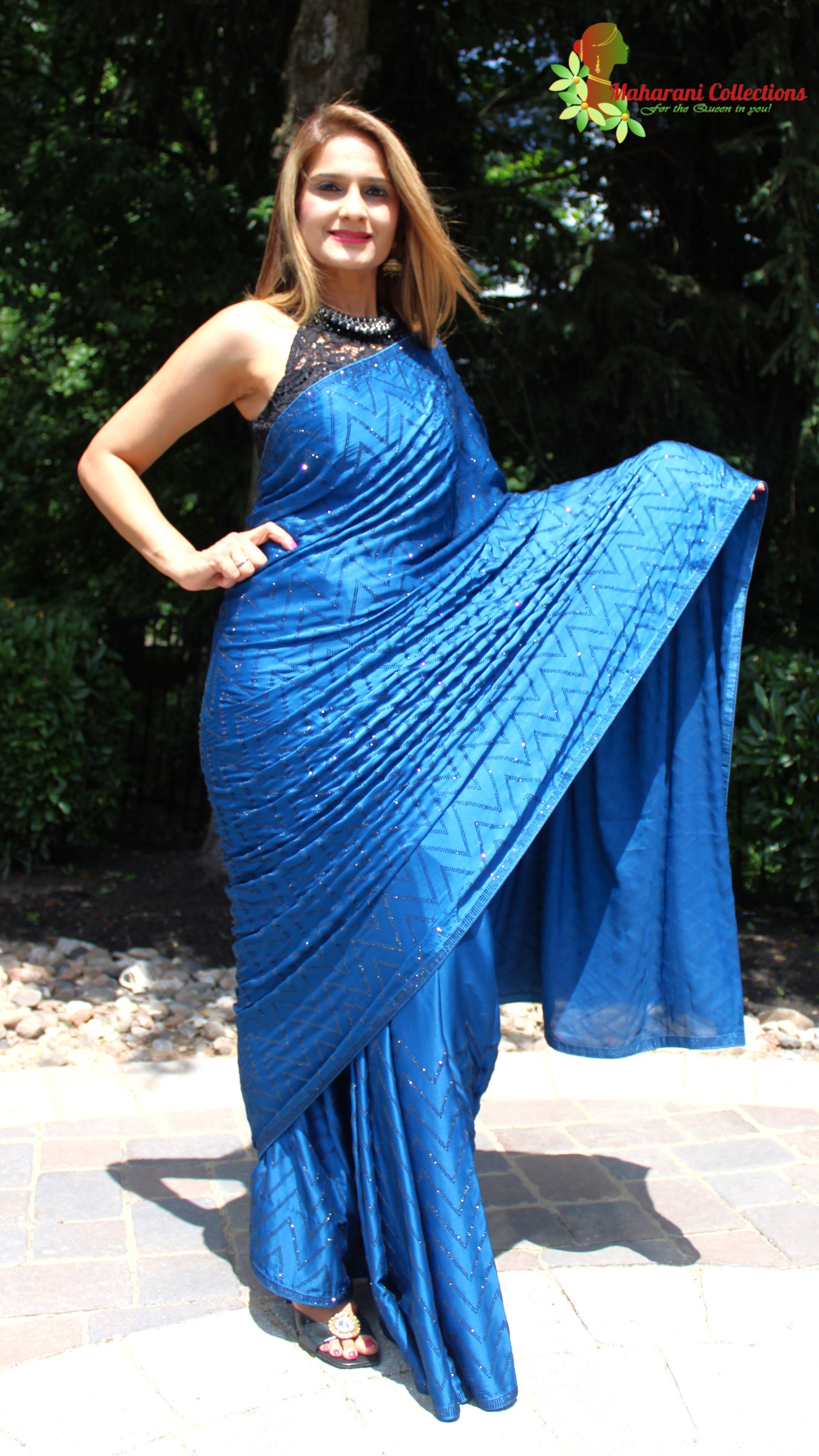 Maharani's Party Wear Satin Silk Sequins Saree - Blue (with Stitched Blouse and Petticoat)