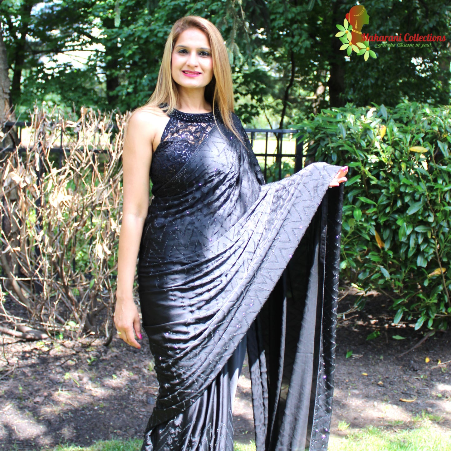 Maharani's Party Wear Silk Sequins Saree - Black (with Stitched Blouse and Petticoat)