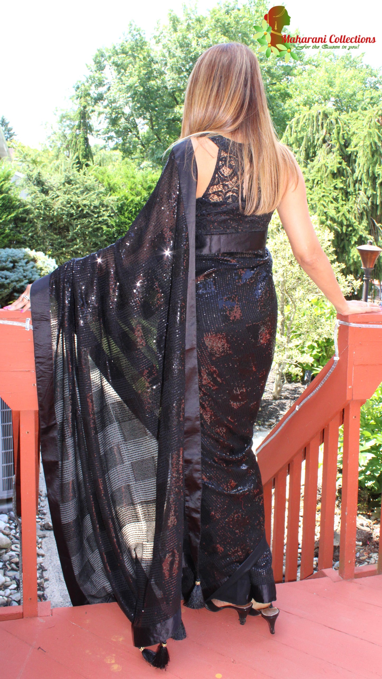 Maharani's Party Wear Georgette Sequins Saree - Black (with Stitched Blouse and Petticoat)