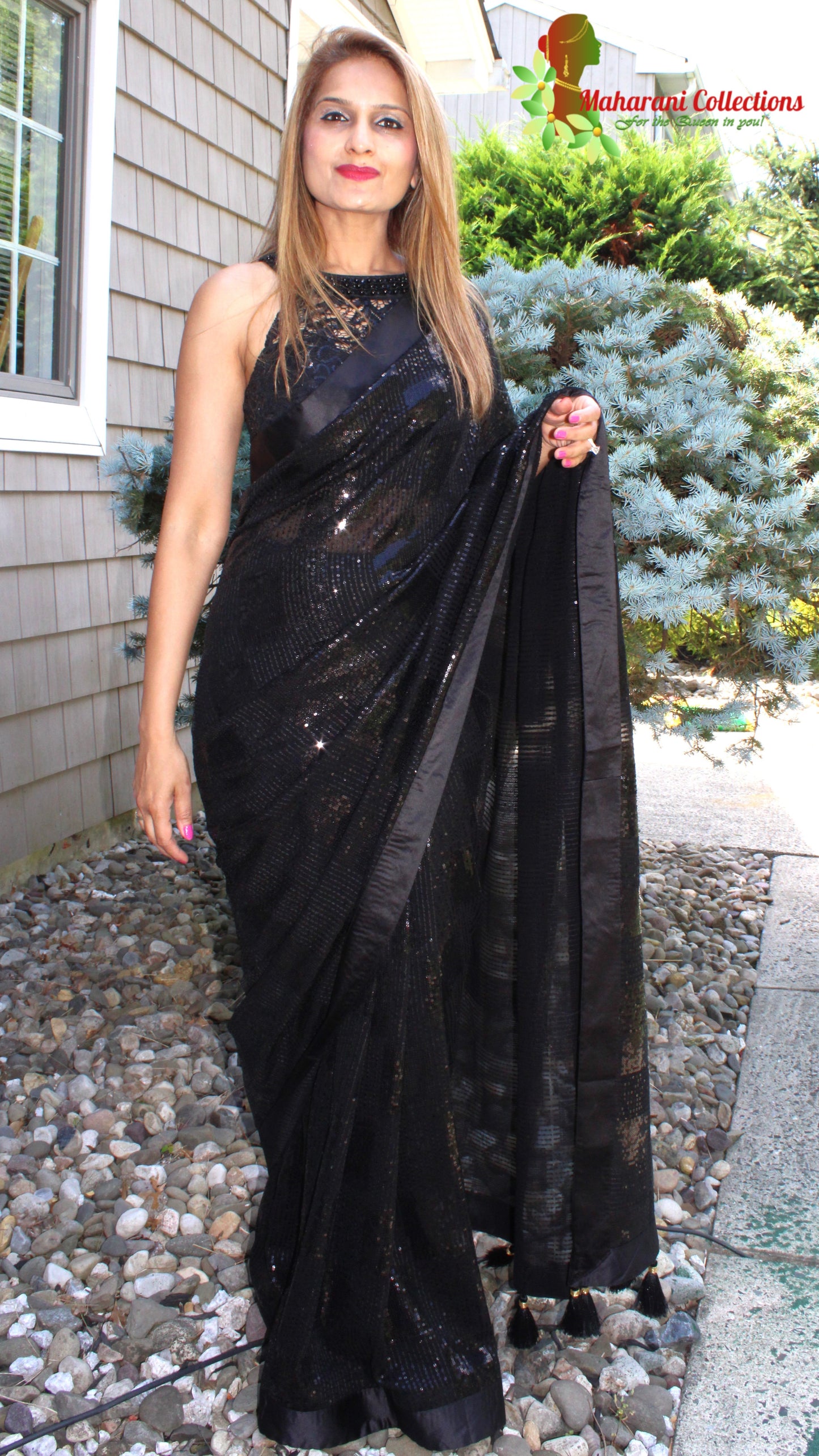 Maharani's Party Wear Georgette Sequins Saree - Black (with Stitched Blouse and Petticoat)