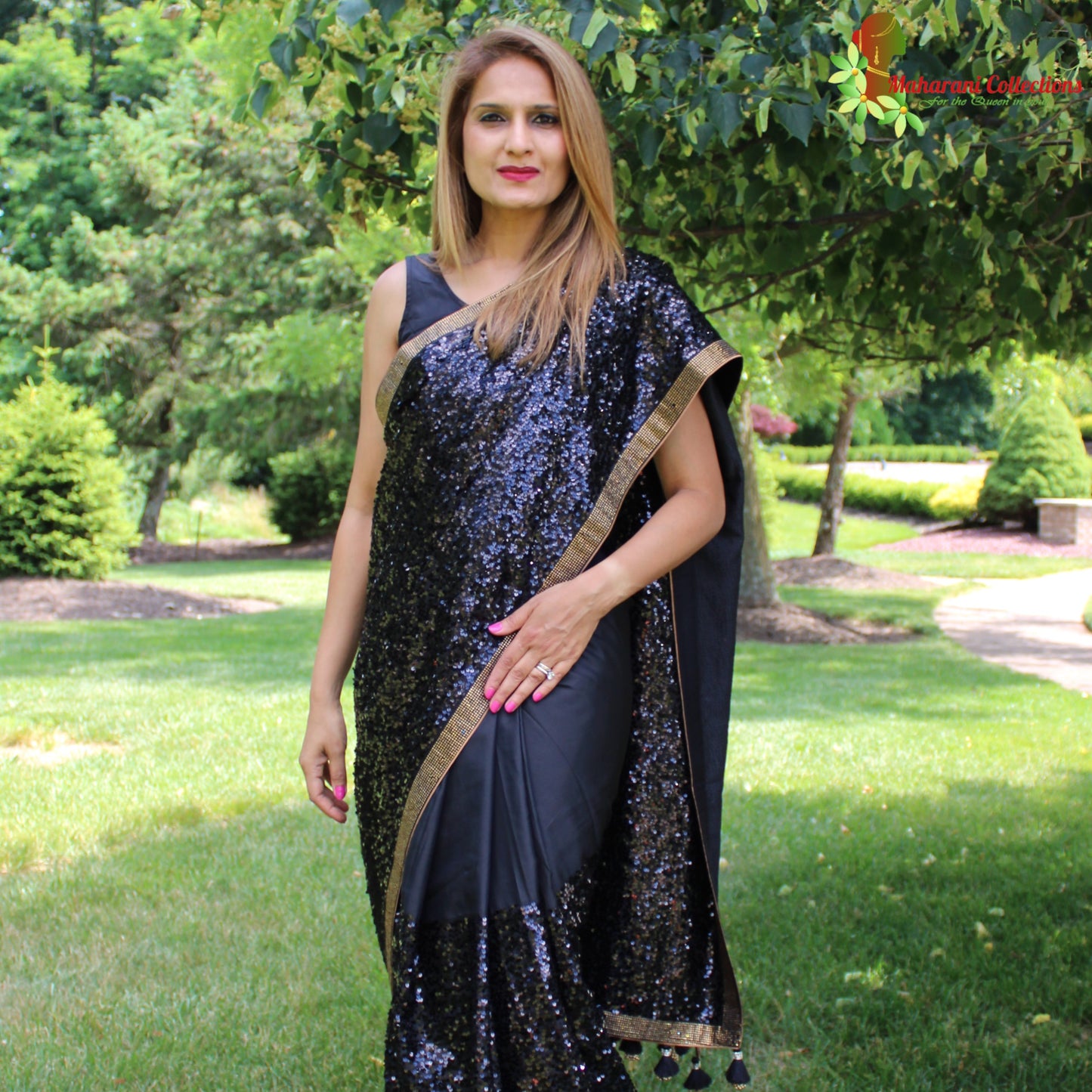 Maharani's Party Wear Georgette Sequins Saree - Black with Golden Border (with Stitched Blouse and Petticoat)