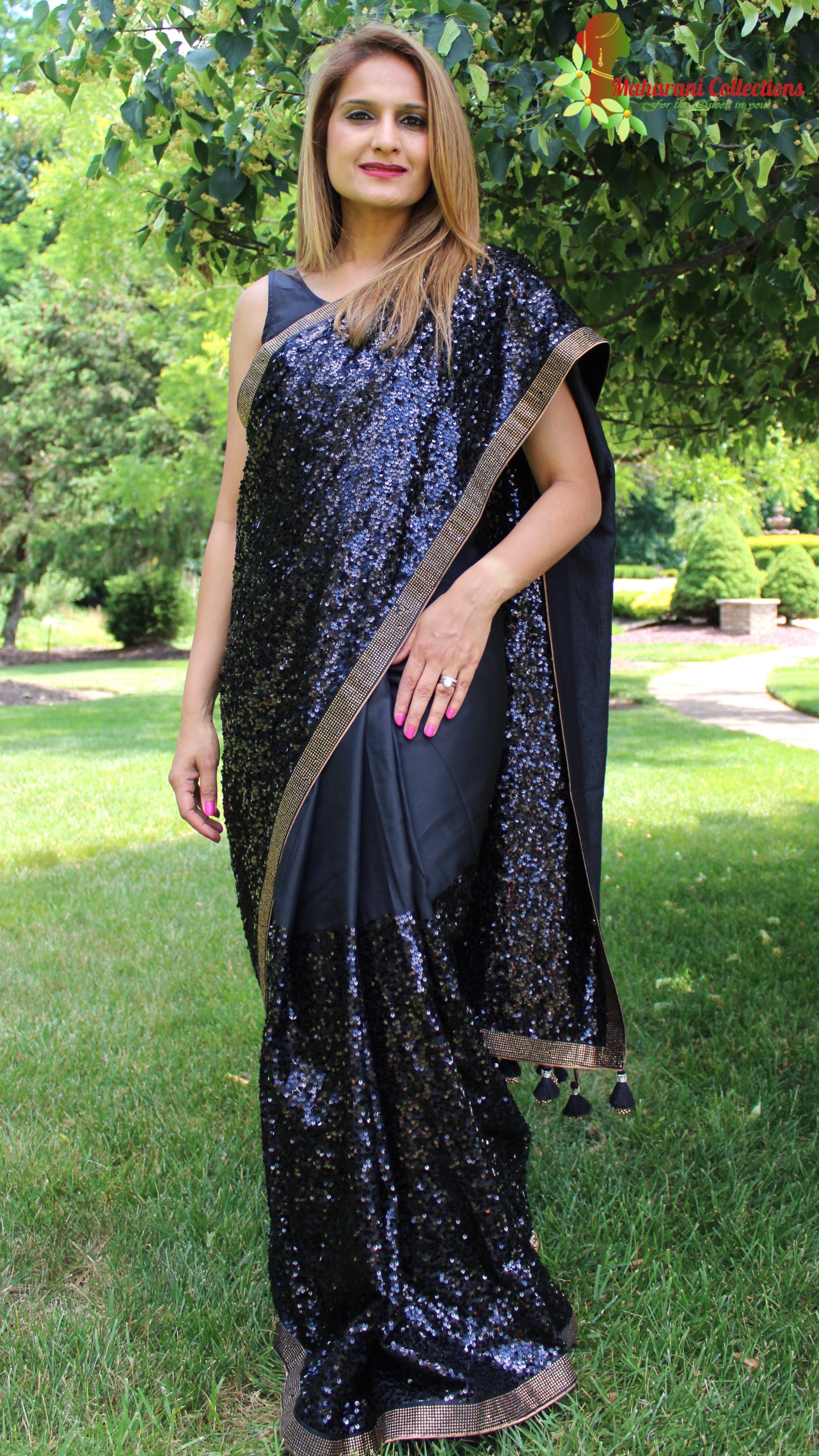 Maharani's Party Wear Georgette Sequins Saree - Black with Golden Border (with Stitched Blouse and Petticoat)