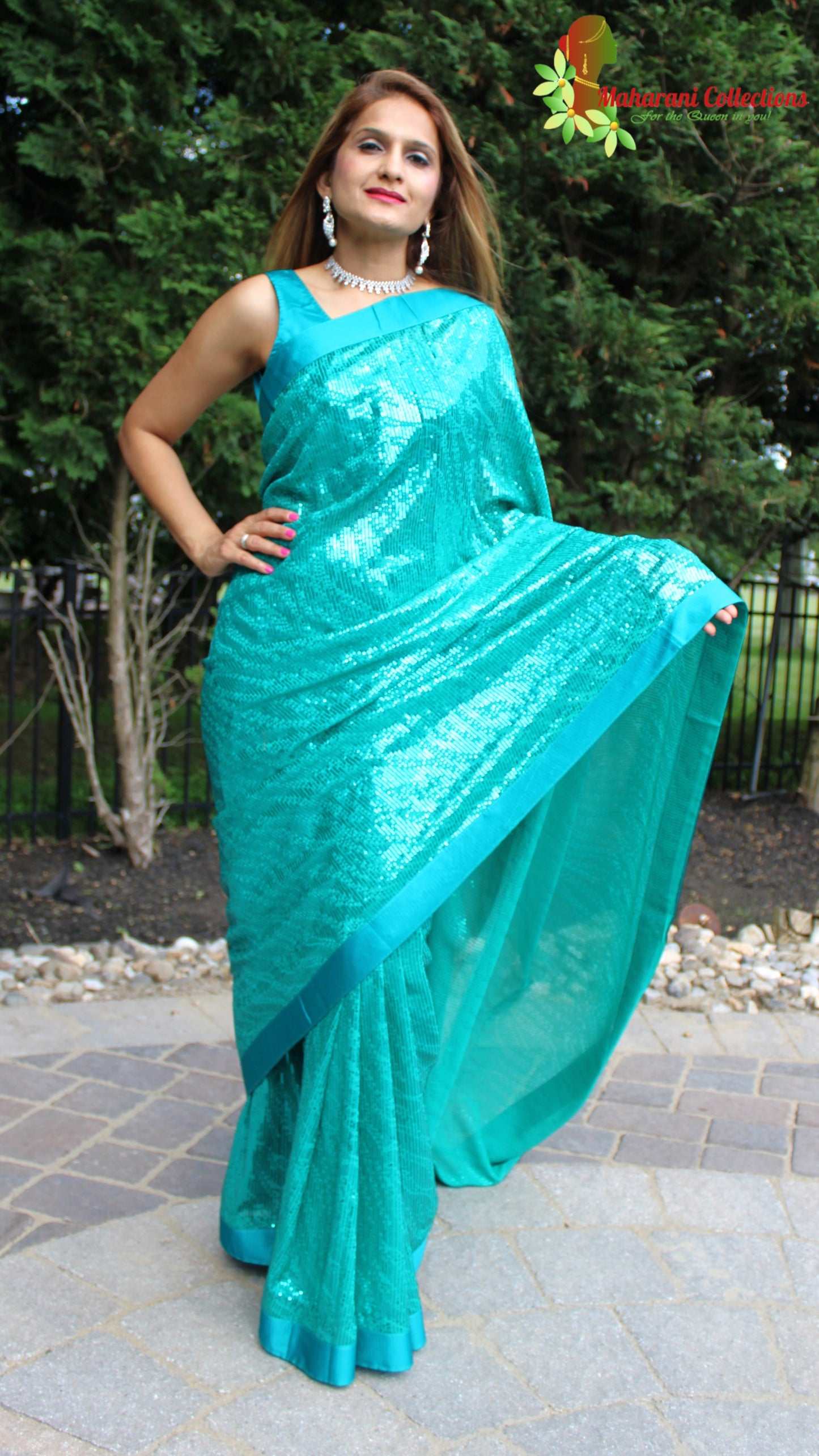 Maharani's Party Wear Georgette Sequins Saree - Sea Green (with Stitched Blouse and Petticoat)