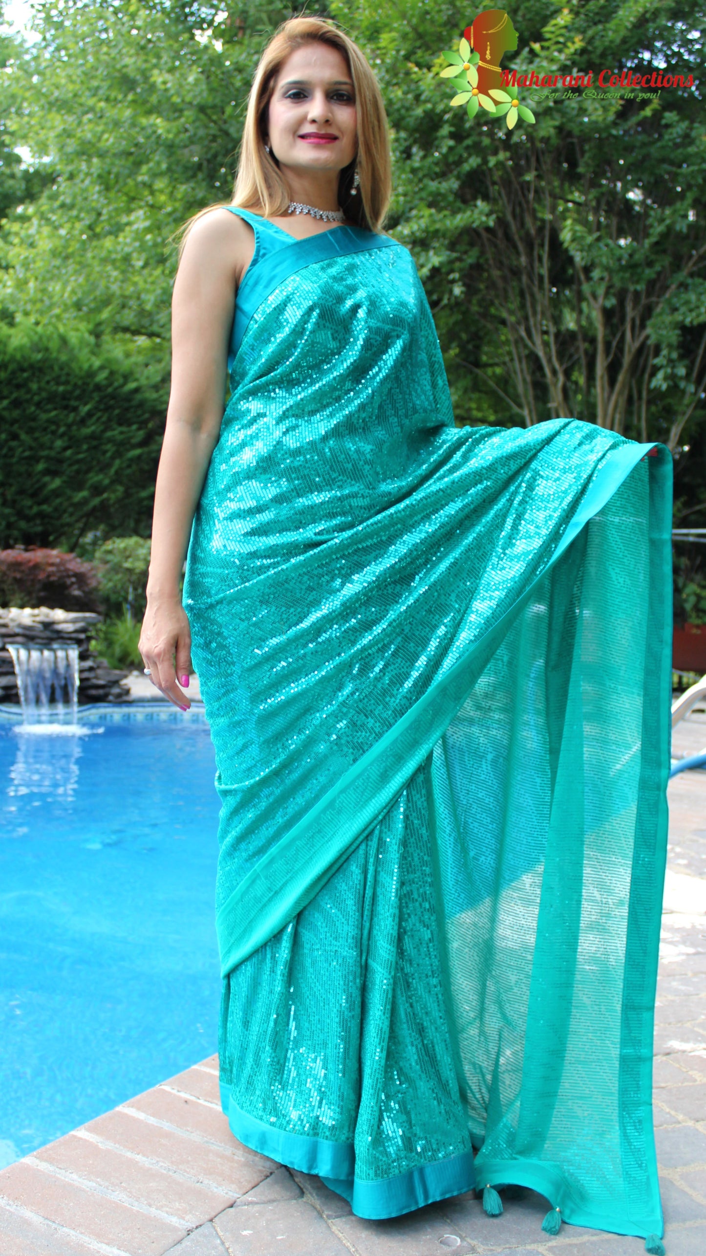 Maharani's Party Wear Georgette Sequins Saree - Sea Green (with Stitched Blouse and Petticoat)