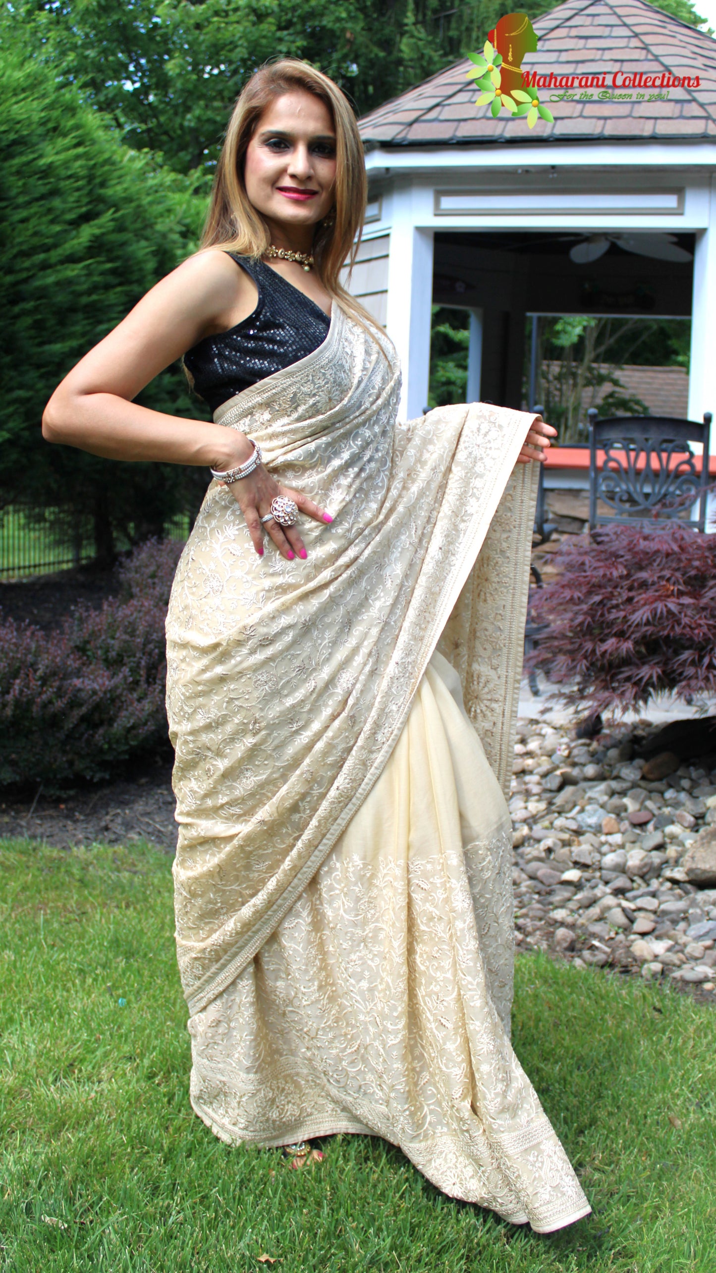 Maharani's Party Wear Georgette Heavy Zari Saree - Beige (with Stitched Blouse and Petticoat)