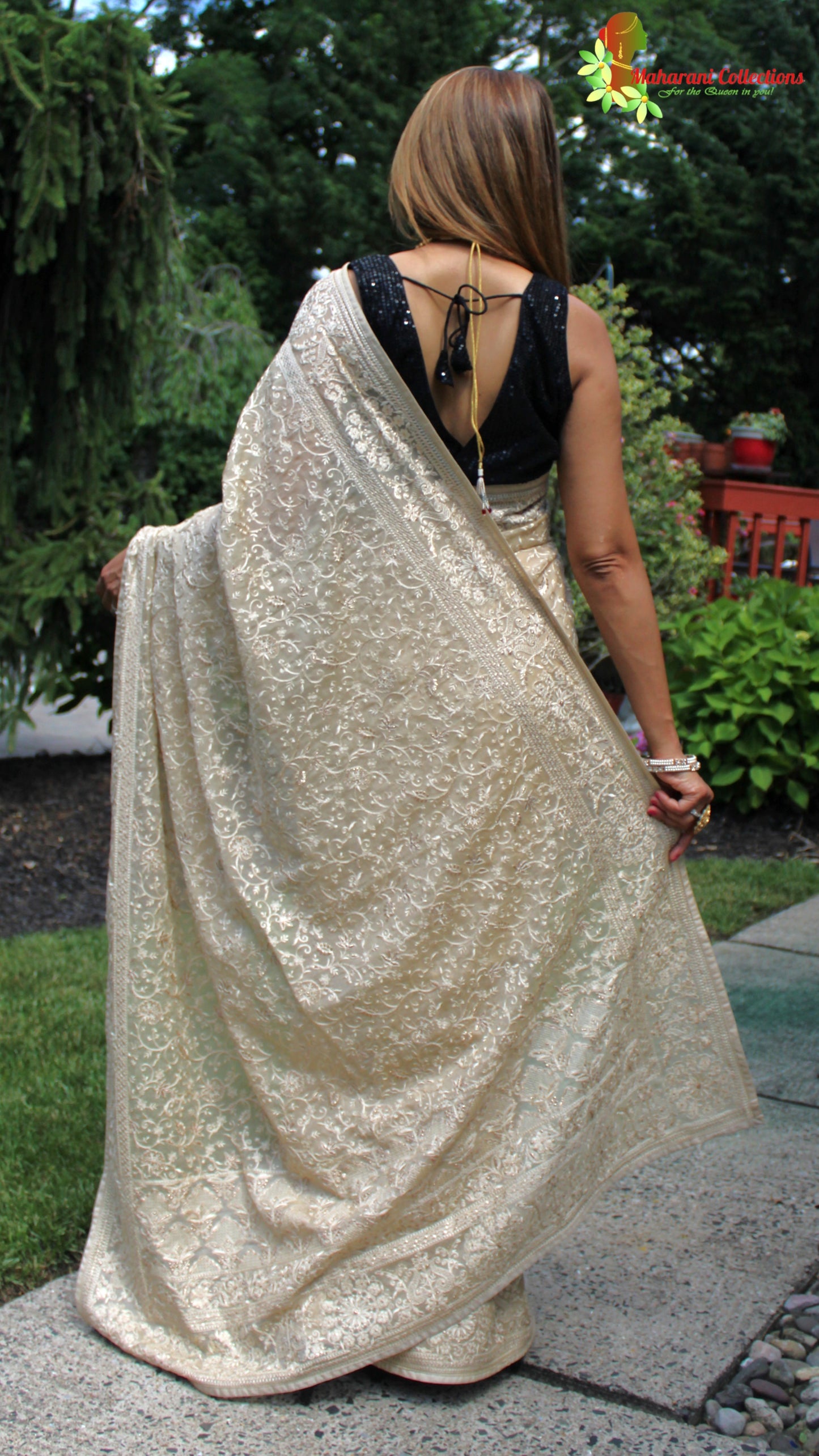 Maharani's Party Wear Georgette Heavy Zari Saree - Beige (with Stitched Blouse and Petticoat)