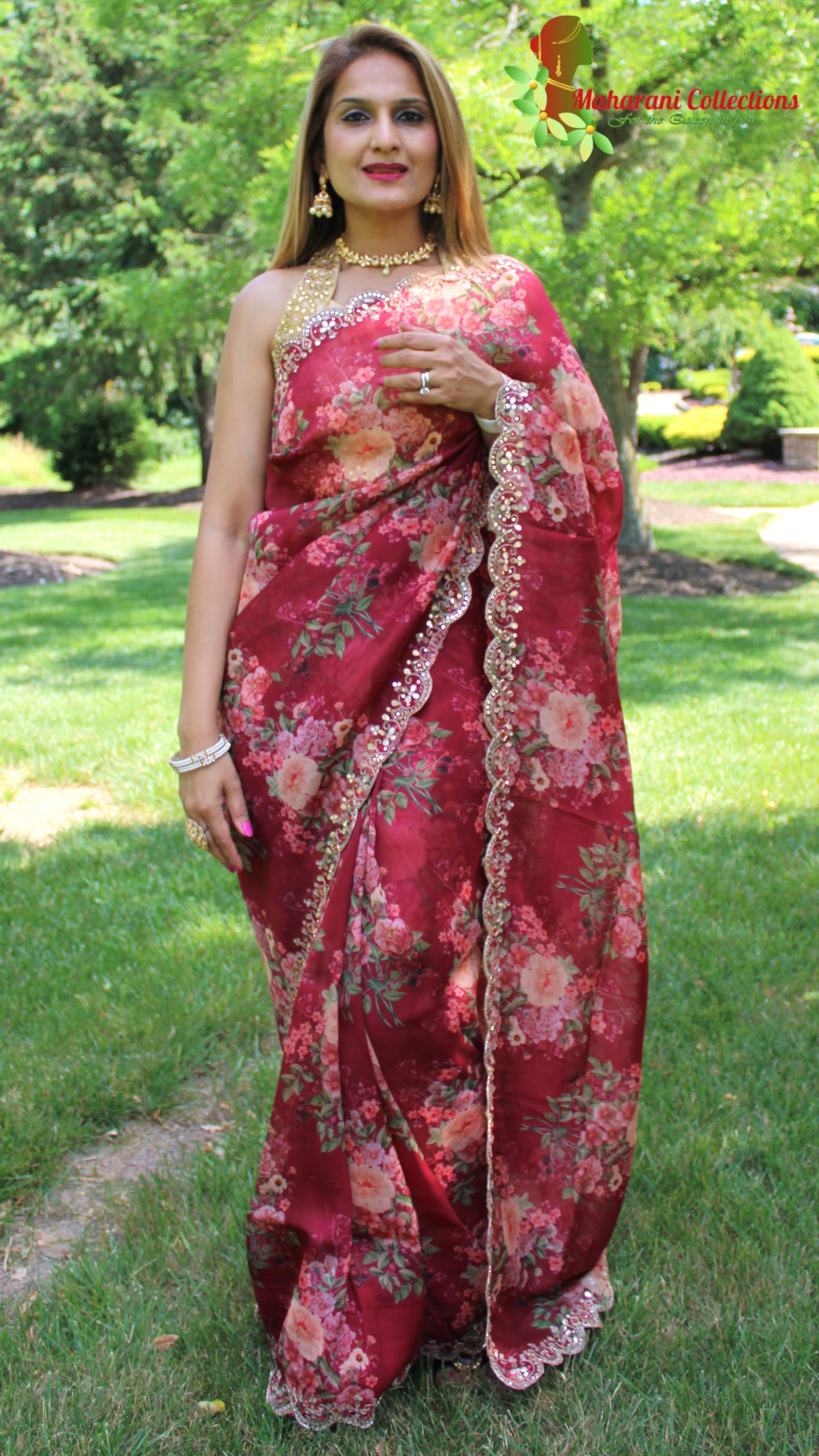 Maharani's Party Wear Organza Silk Saree - Maroon Floral (with stitched Petticoat)
