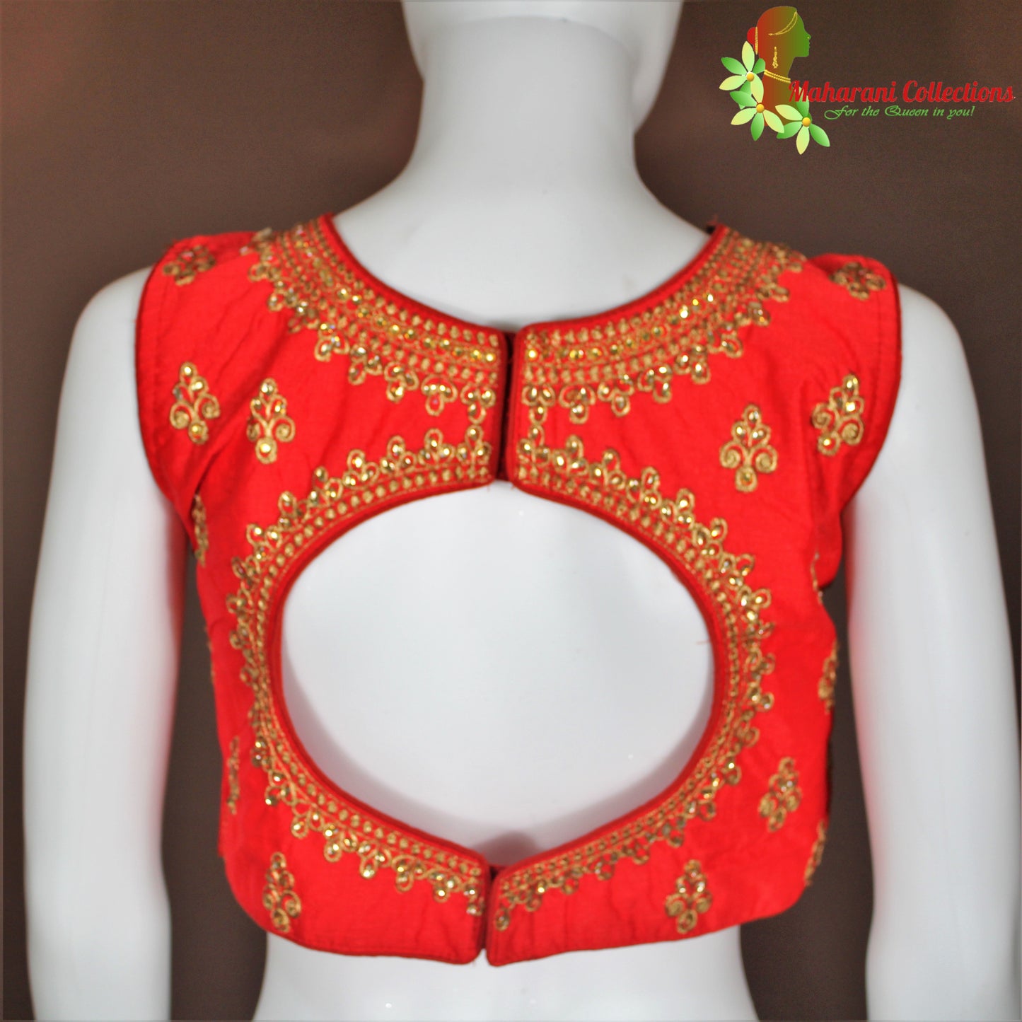 Maharani's Linen Silk Golden Zari Blouse - Red