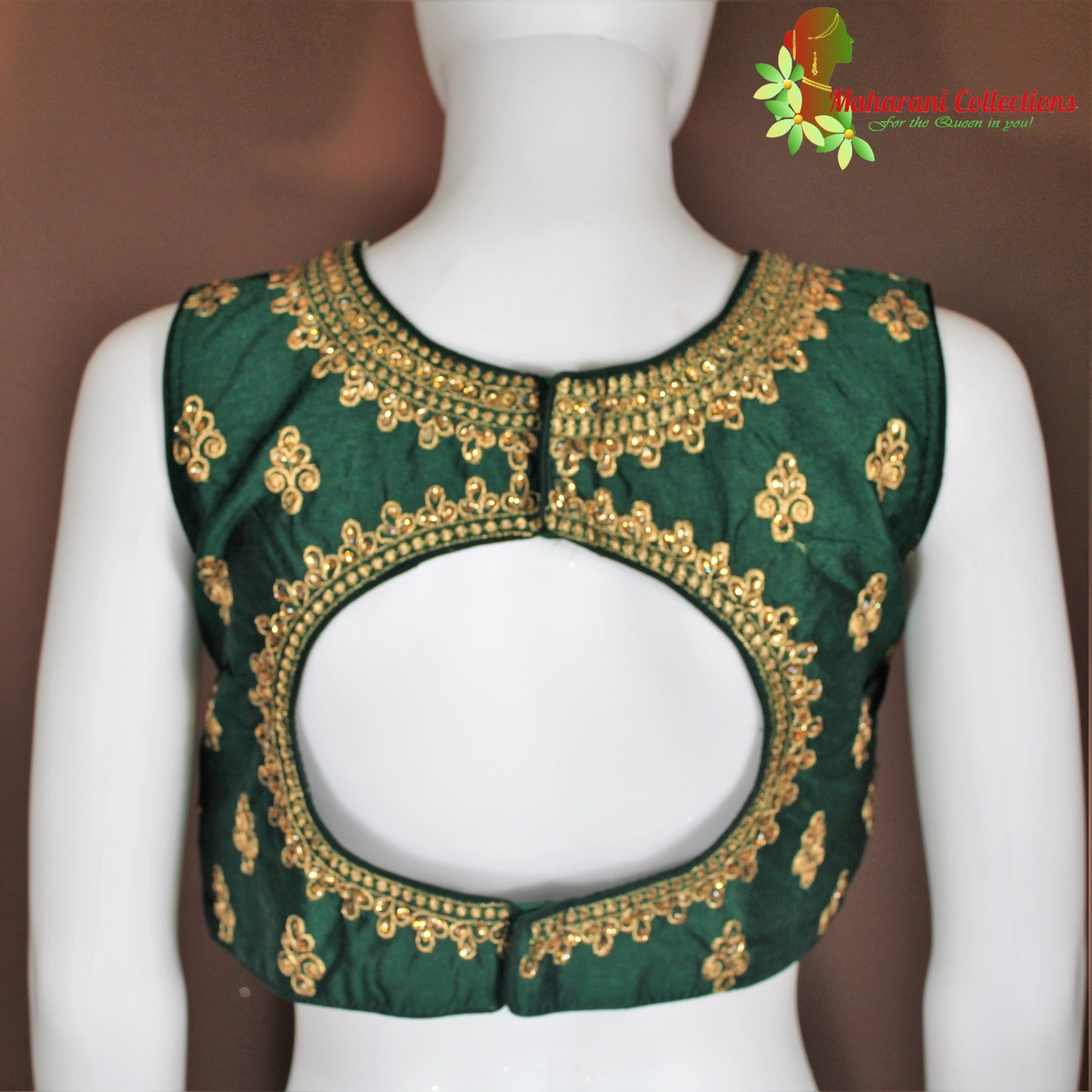 Maharani's Linen Silk Golden Zari Blouse - Green