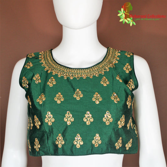 Maharani's Linen Silk Golden Zari Blouse - Green