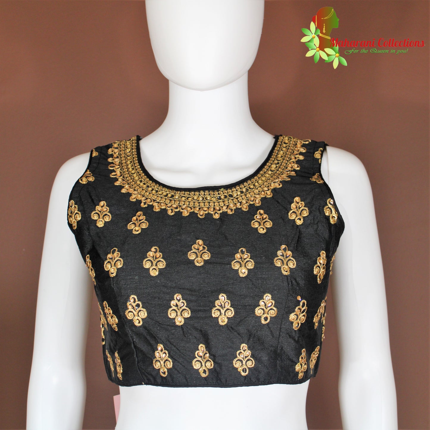 Maharani's Linen Silk Golden Zari Blouse - Black