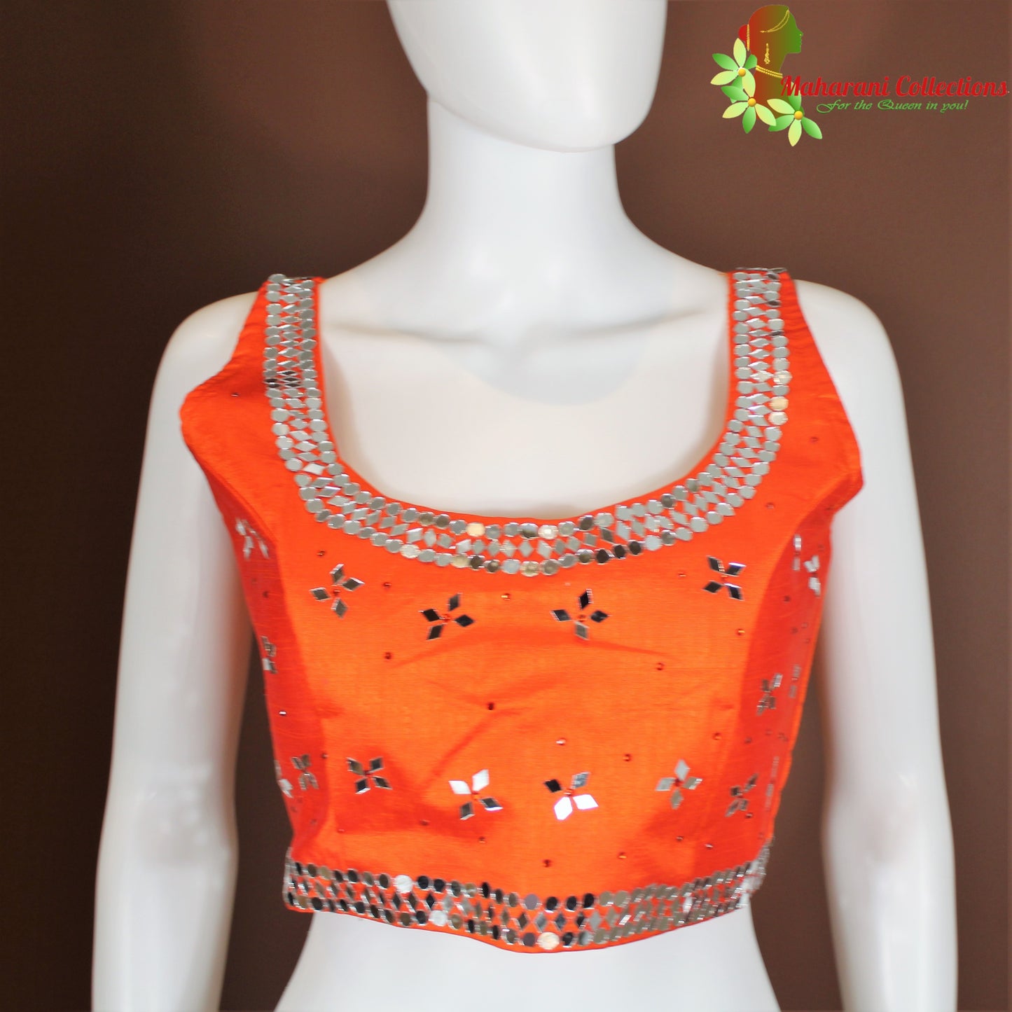 Maharani's Linen Silk Mirror Work Blouse - Orange