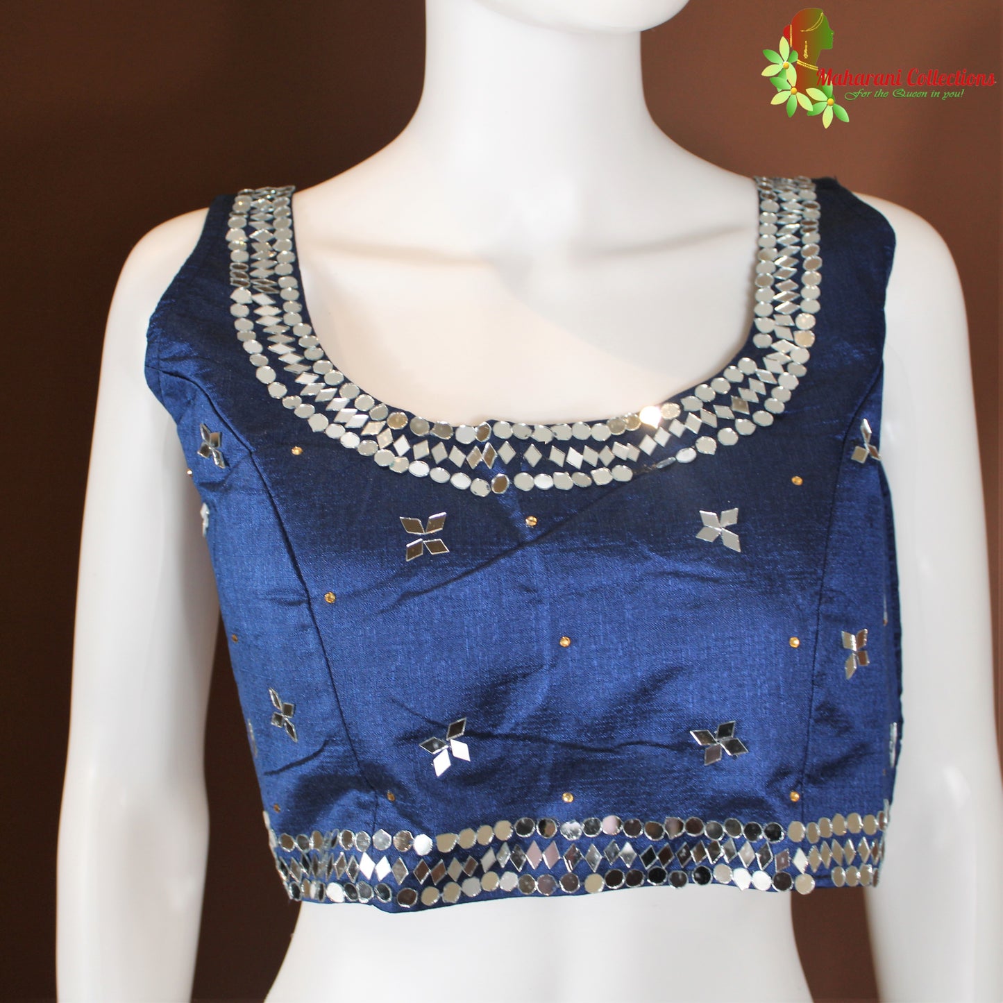 Maharani's Linen Silk Mirror Work Blouse - Navy Blue