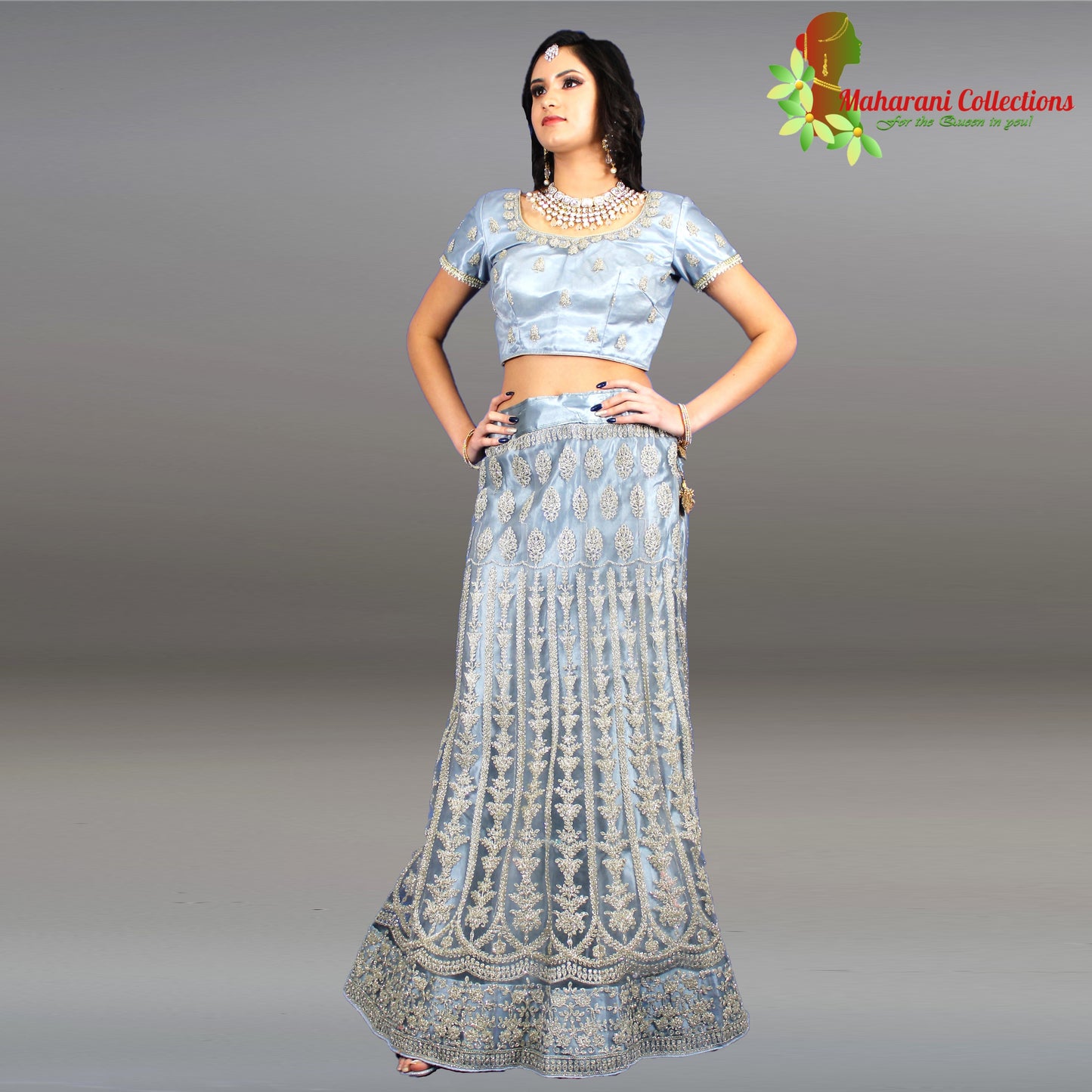 Maharani's Designer Net-Silk Lehenga - Light Blue with Zari and Sequins Embroidery