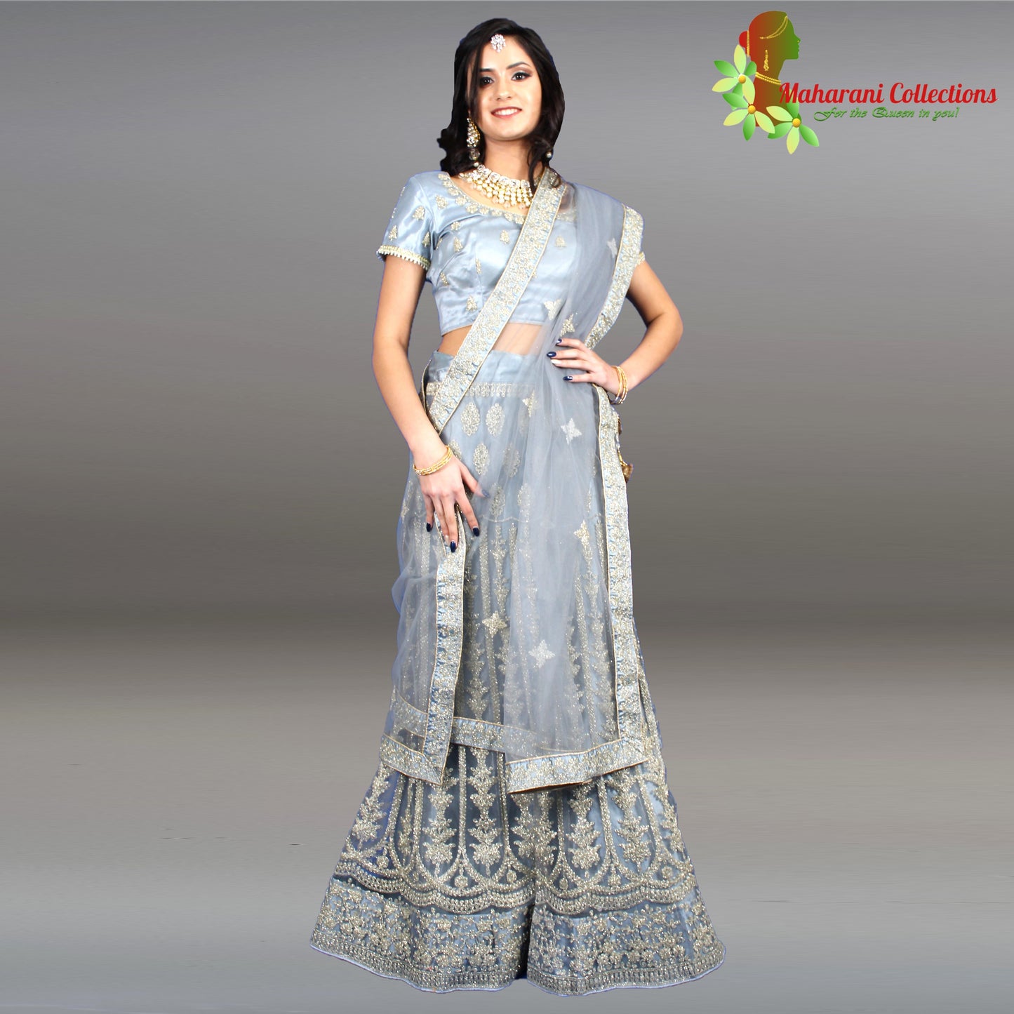 Maharani's Designer Net-Silk Lehenga - Light Blue with Zari and Sequins Embroidery