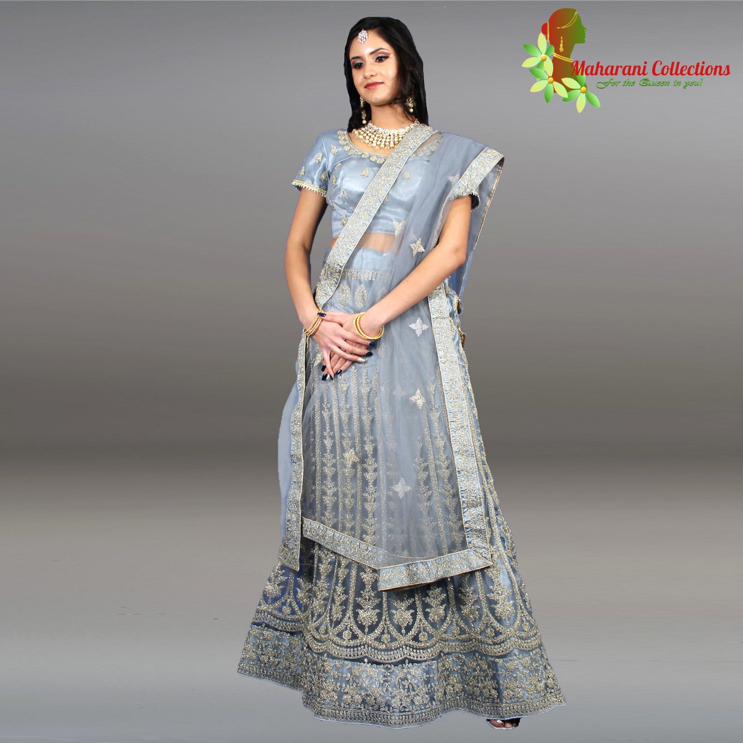 Maharani's Designer Net-Silk Lehenga - Light Blue with Zari and Sequins Embroidery
