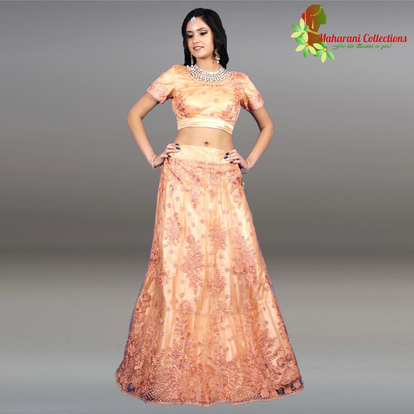 Maharani's Designer Net-Silk Lehenga - Peach with Zari and Sequins Embroidery