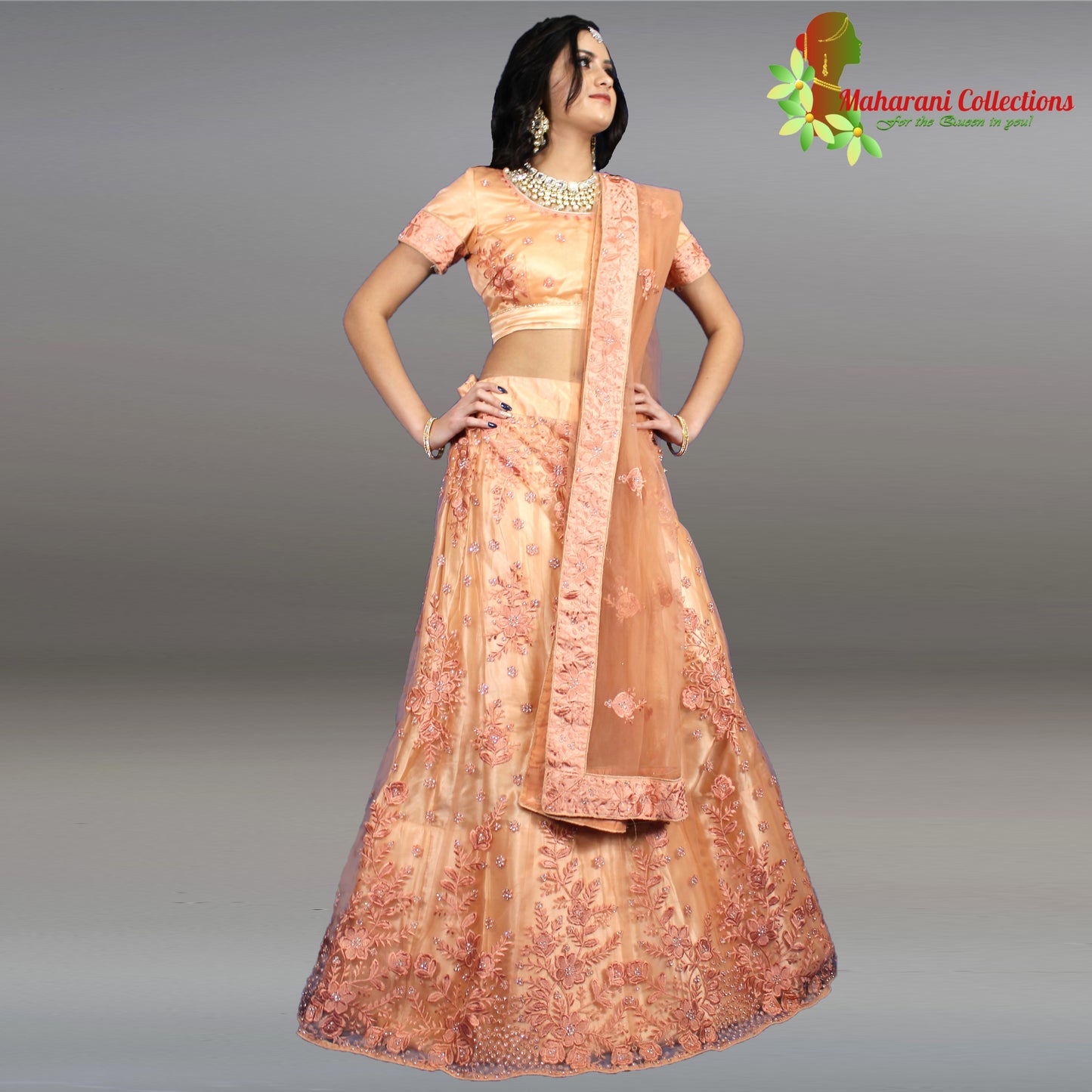 Maharani's Designer Net-Silk Lehenga - Peach with Zari and Sequins Embroidery