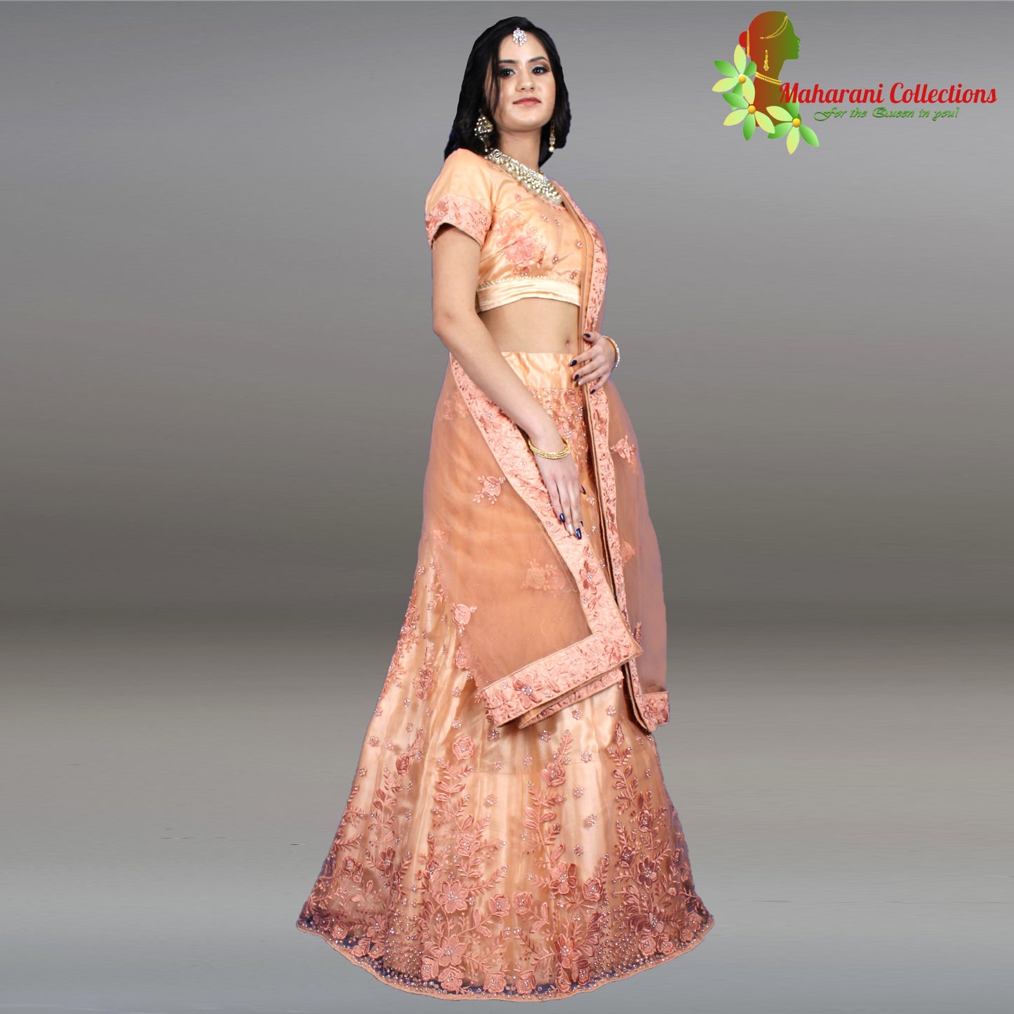 Maharani's Designer Net-Silk Lehenga - Peach with Zari and Sequins Embroidery