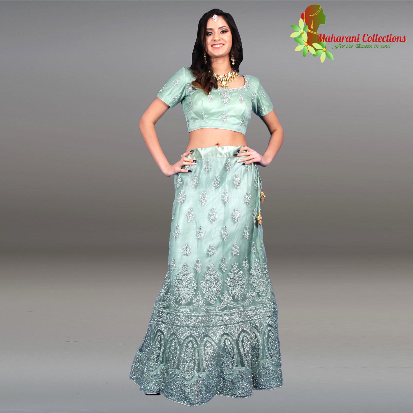 Maharani's Designer Net-Silk Lehenga - Moss Green with Zari and Sequins Embroidery