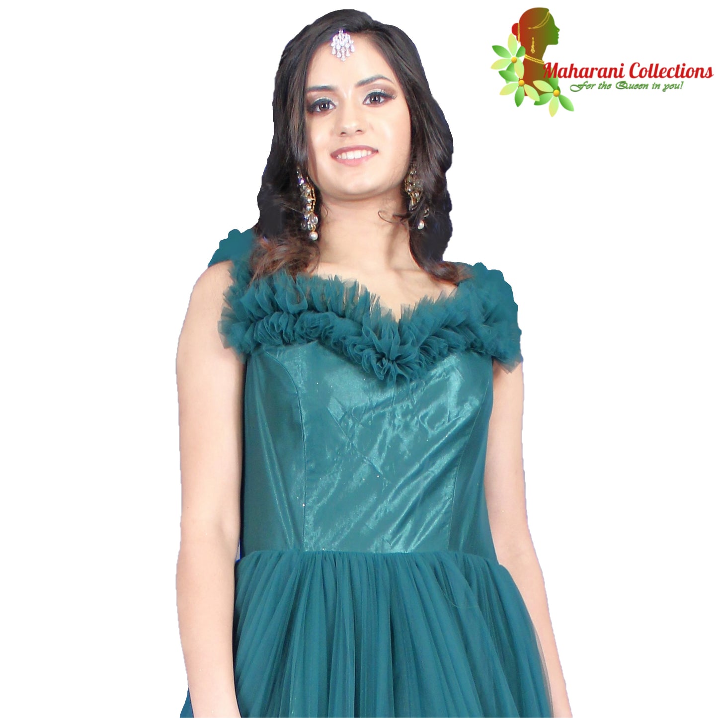 Designer Ball (Princess) Gown - Bottle Green with Floral Net Work