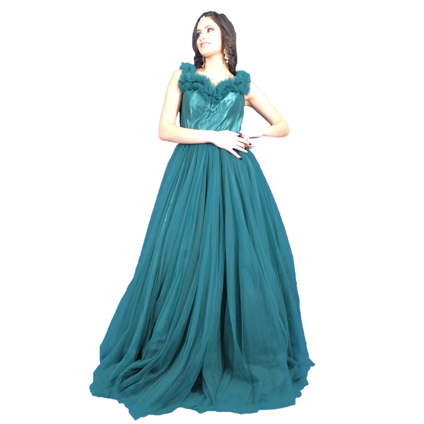 Designer Ball (Princess) Gown - Bottle Green with Floral Net Work