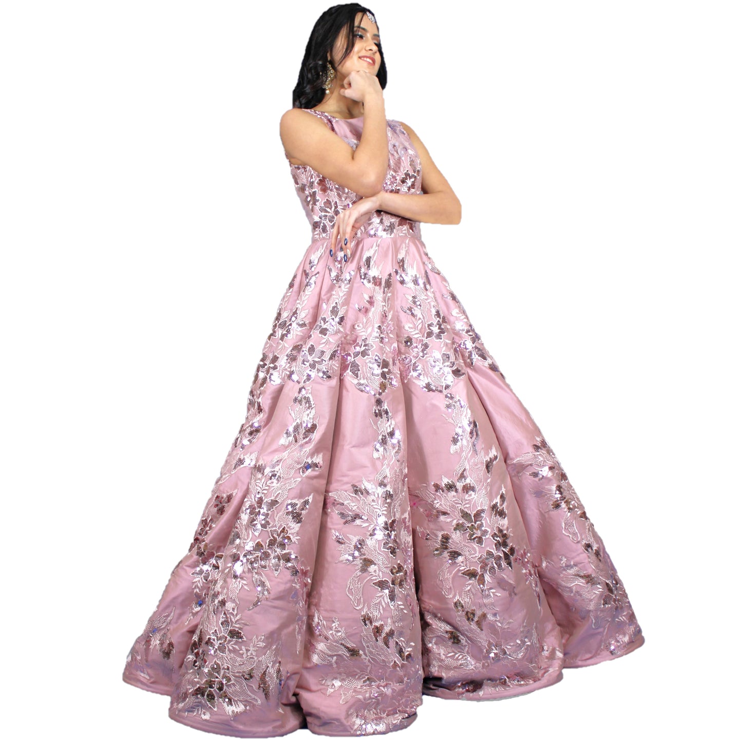 Designer Ball (Princess) Gown - Purple with Pearl and Sequins Work