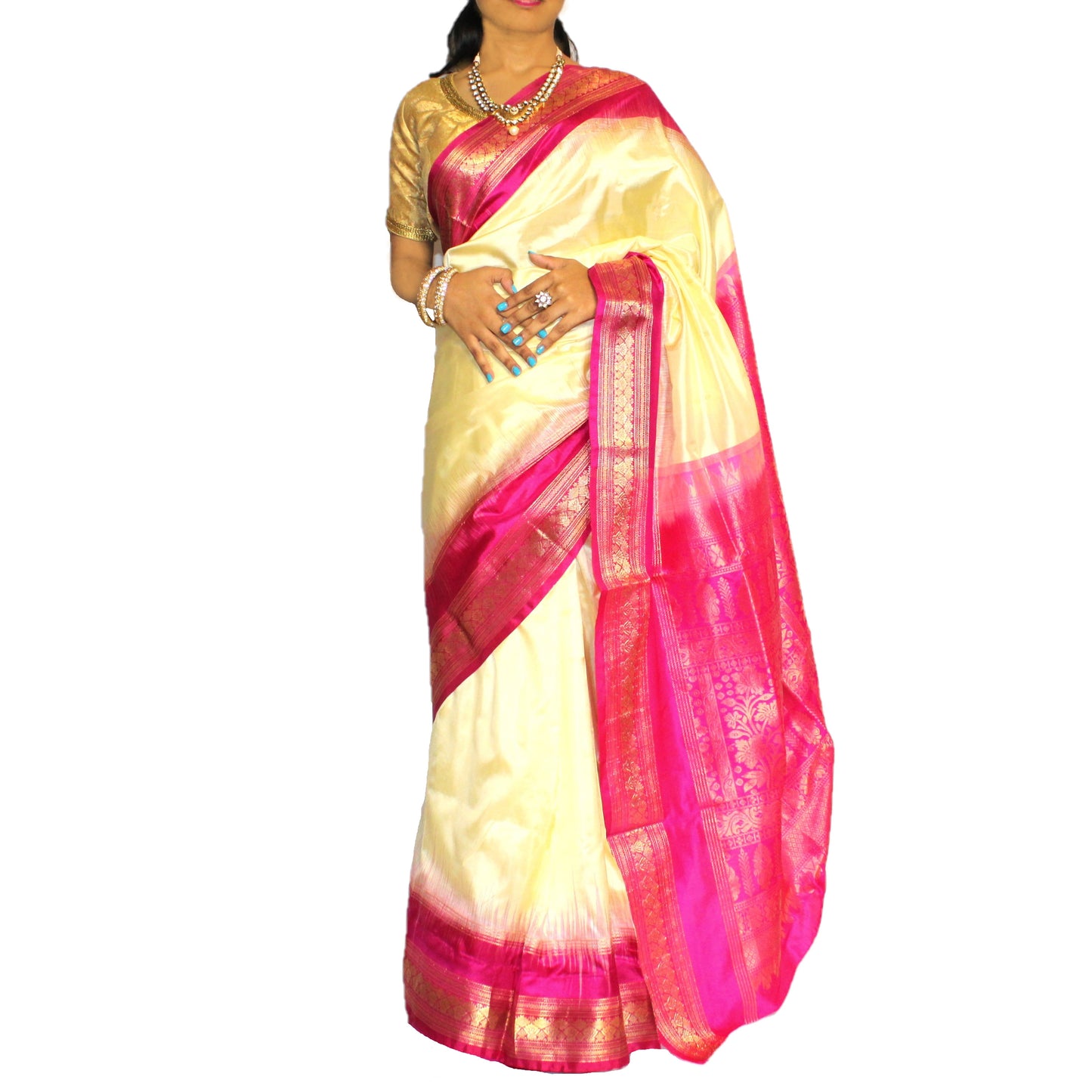 Maharani's Pure Banarasi Silk Saree - Cream (with stitched Petticoat)