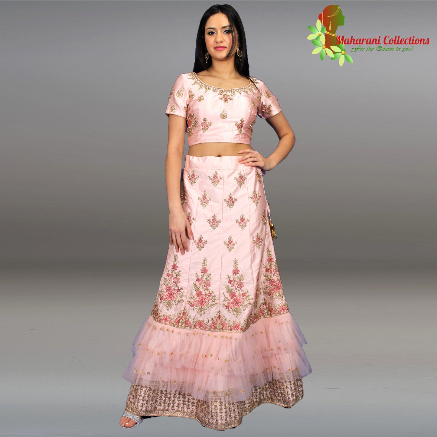 Maharani's Designer Net-Silk Lehenga - Light Pink with Zari Embroidery