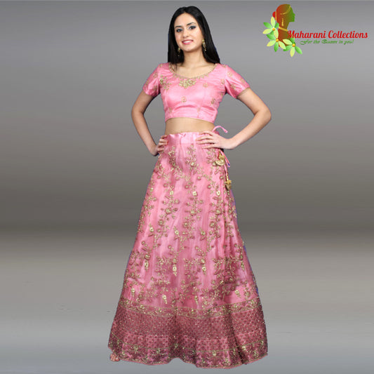Maharani's Designer Net-Silk Lehenga - Pink with Golden Zari and Sequins Embroidery