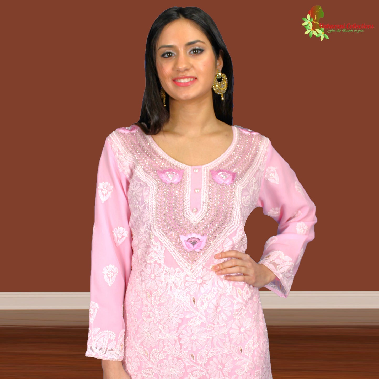 Maharani's Lucknowi Chikankari Sharara Suit - Pink (L) - Pure Georgette