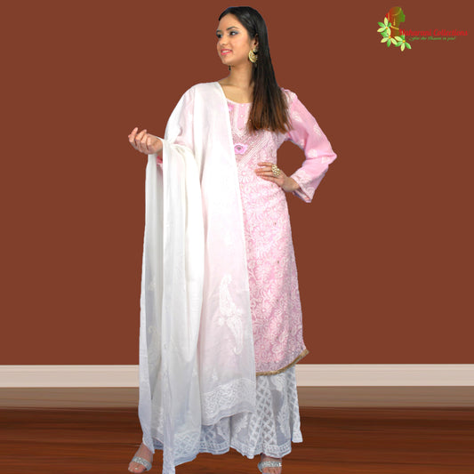 Maharani's Lucknowi Chikankari Sharara Suit - Pink (L) - Pure Georgette