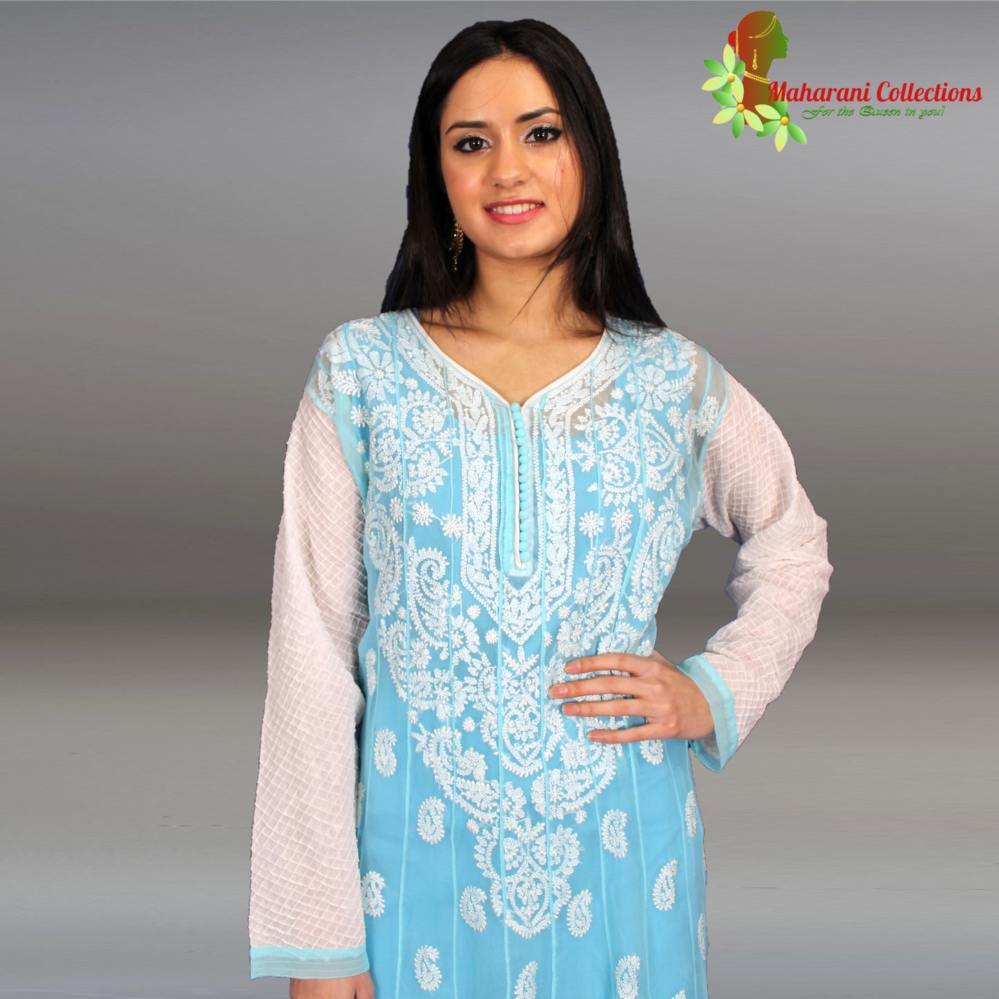 Maharani's Lucknowi Chikankari Anarkali Suit - Light Blue (XL)