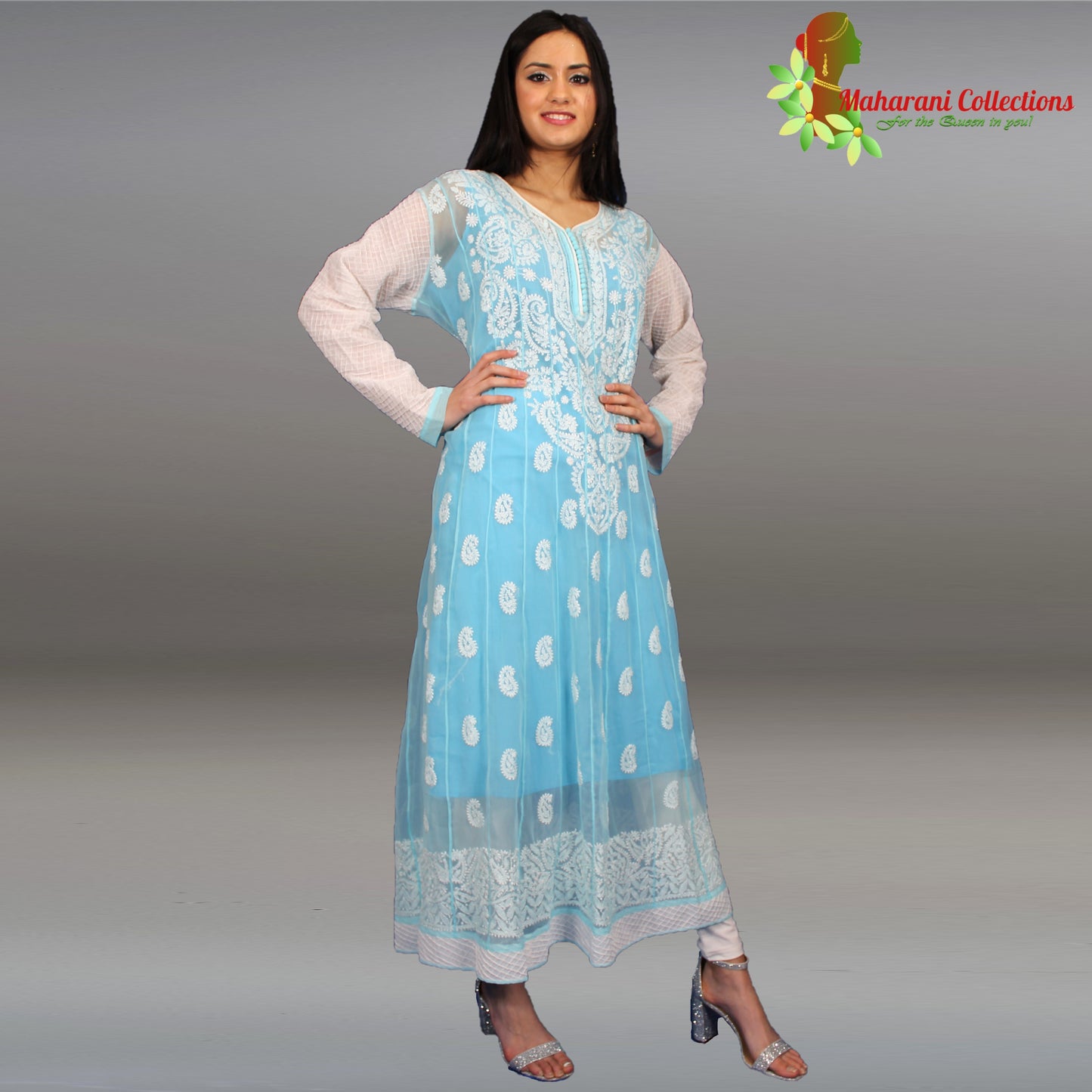 Maharani's Lucknowi Chikankari Anarkali Suit - Light Blue (XL)