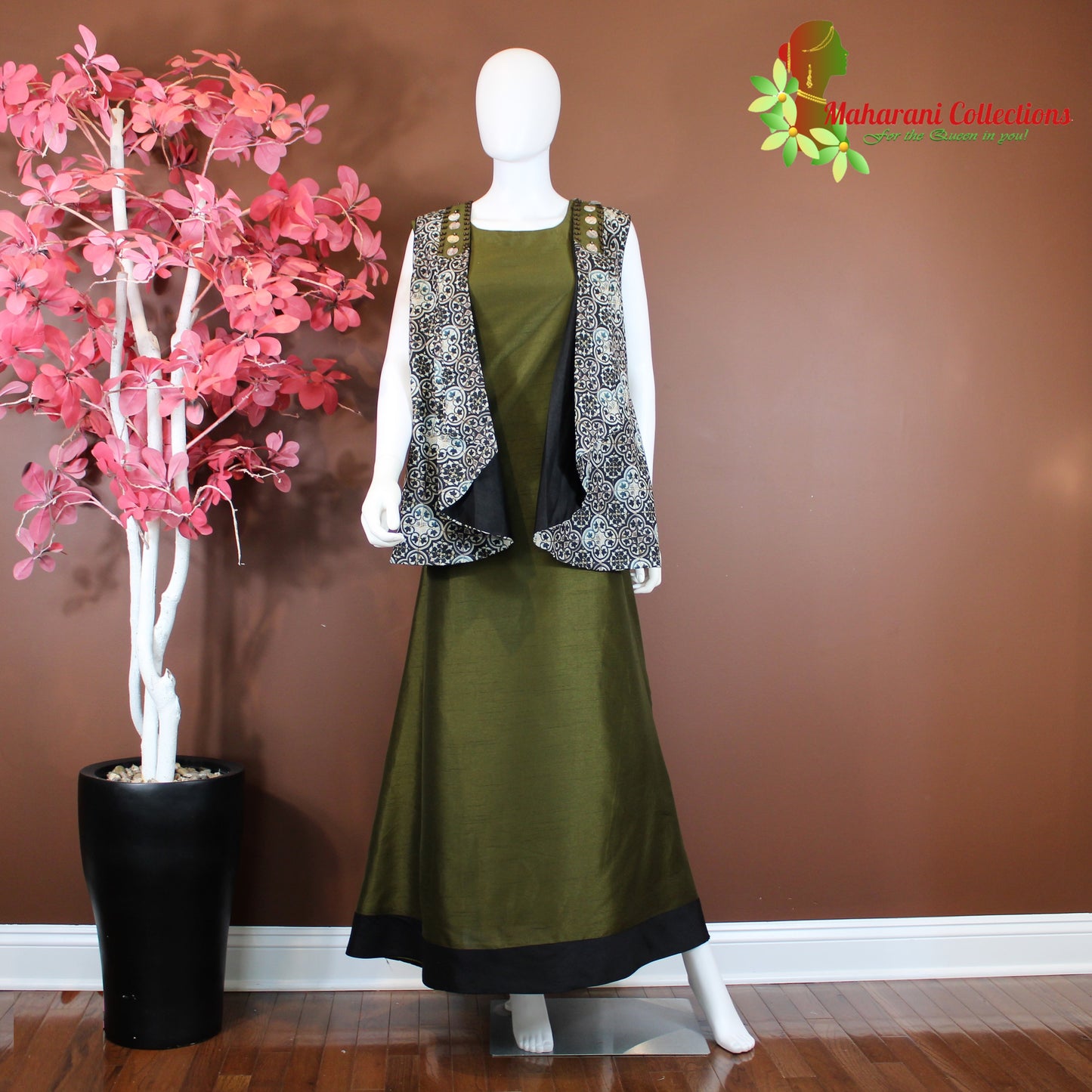 Maharani's Designer Gown - Henna Green (XL) - Tussar Silk