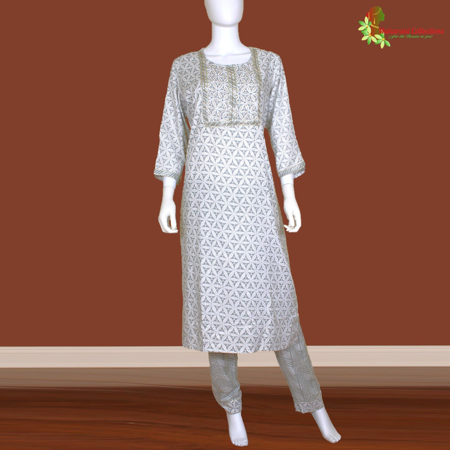 Maharani's Suit with Pants and Dupatta- Pure Muslin Silk - Grey (M)
