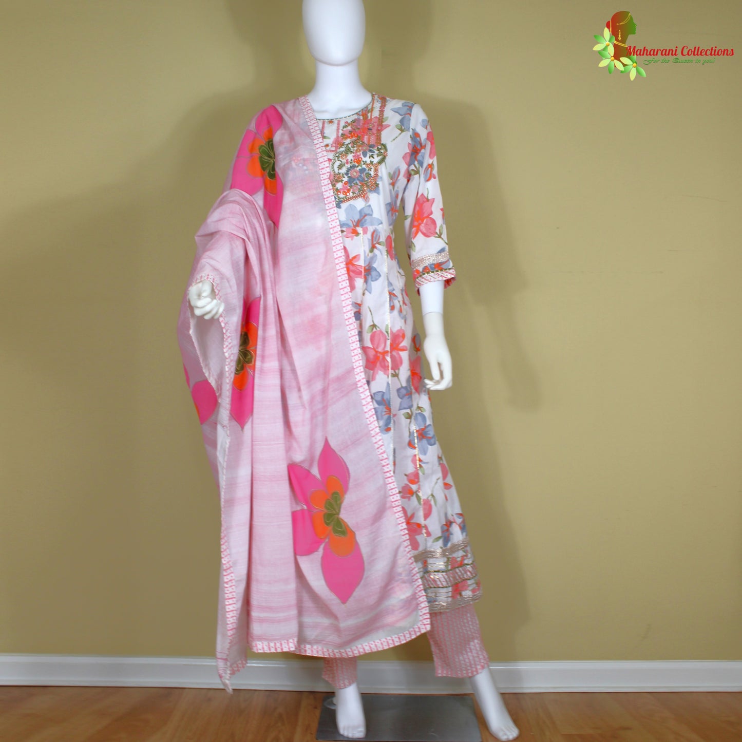 Maharani's Anarkali Suit - White Floral (M) - Pure Muslin Silk