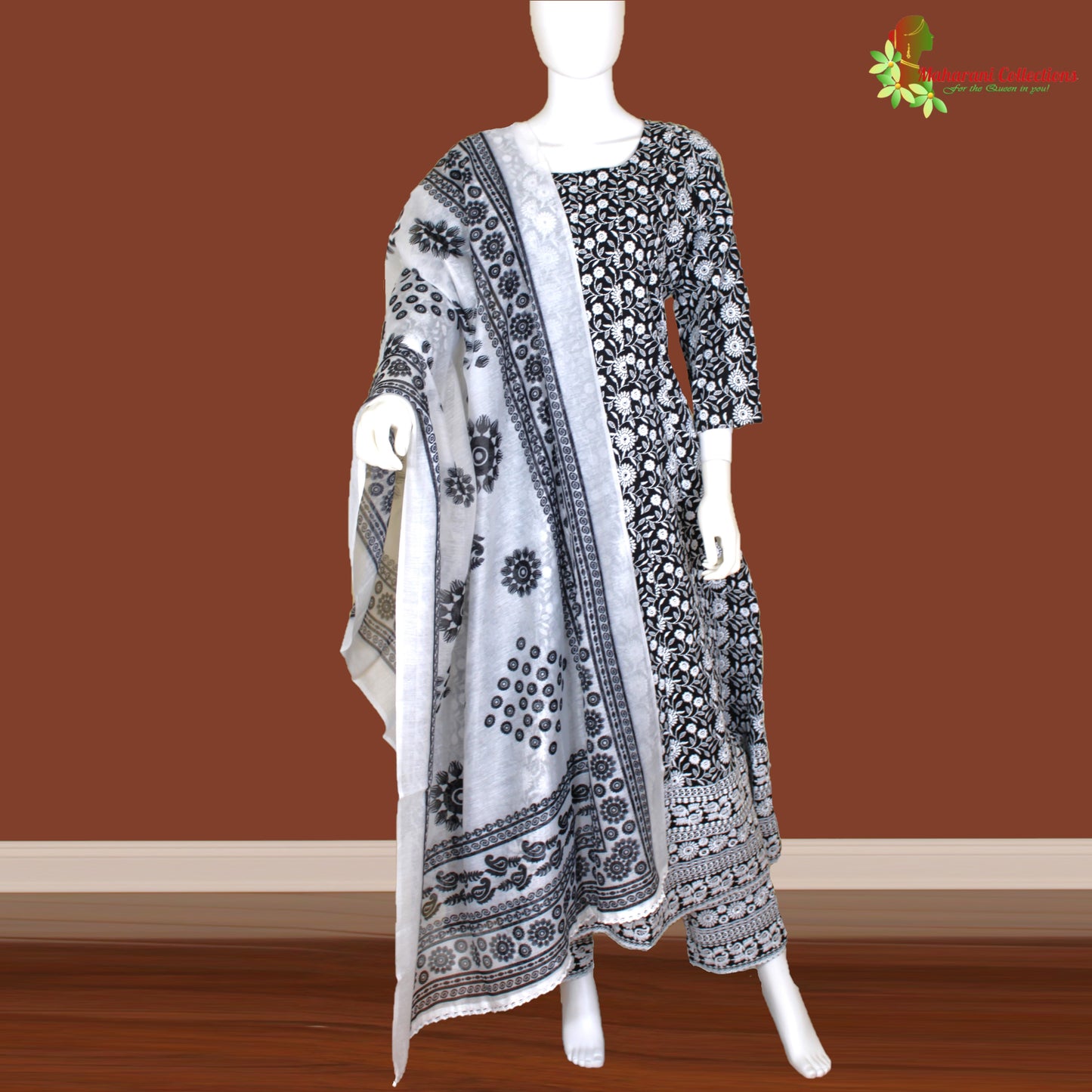 Maharani's Anarkali Suit - Black and White (XL) - Pure Cotton