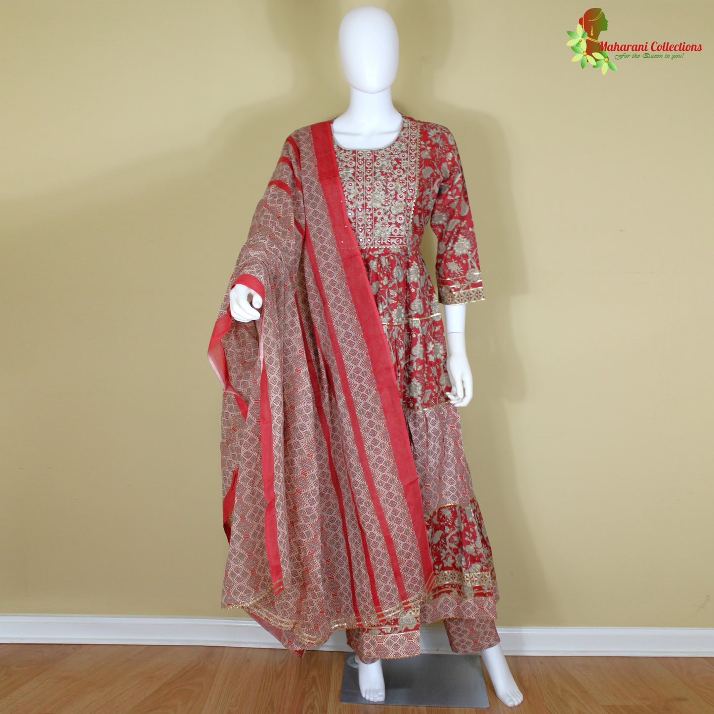 Maharani's Anarkali Suit - Maroon (XL) - Pure Cotton