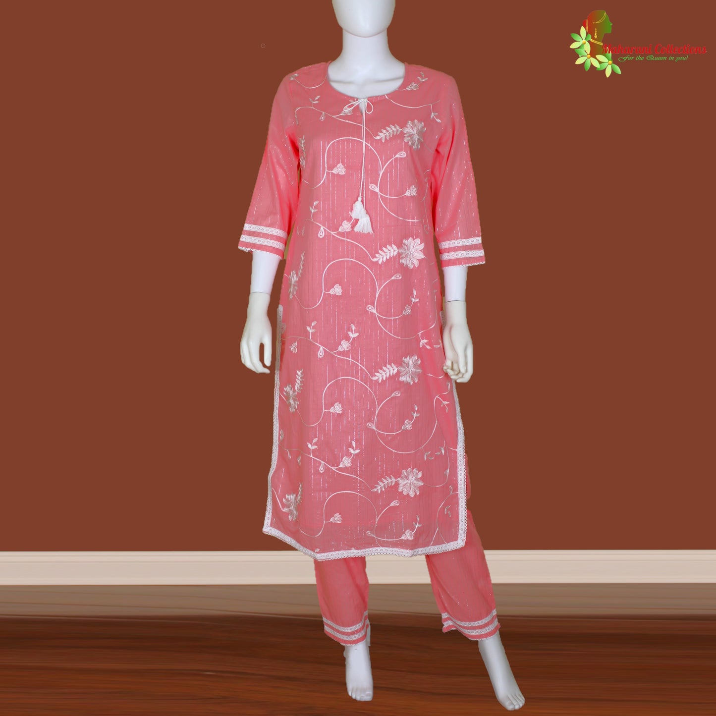 Maharani's Suit with Pants and Dupatta - Peach (L) - Pure Muslin Silk