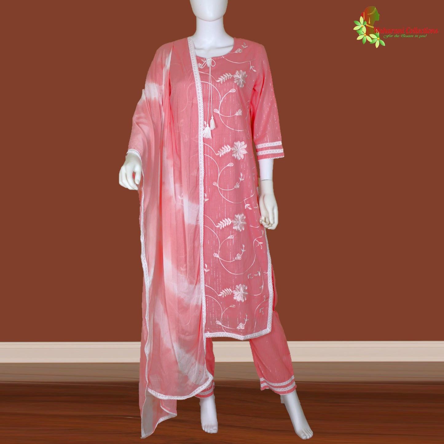 Maharani's Suit with Pants and Dupatta - Peach (L) - Pure Muslin Silk
