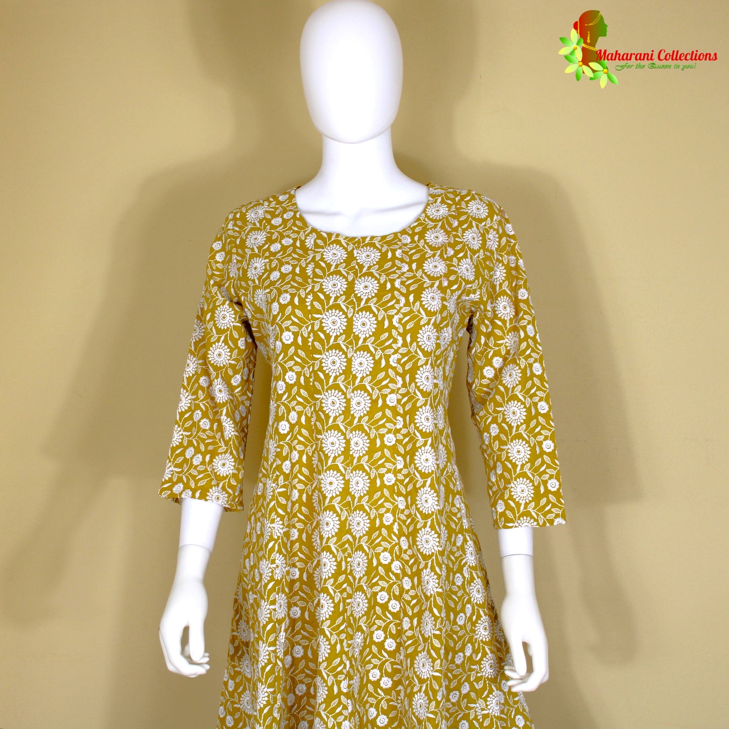 Maharani's Anarkali Suit - Mustard Yellow (L) - Pure Cotton